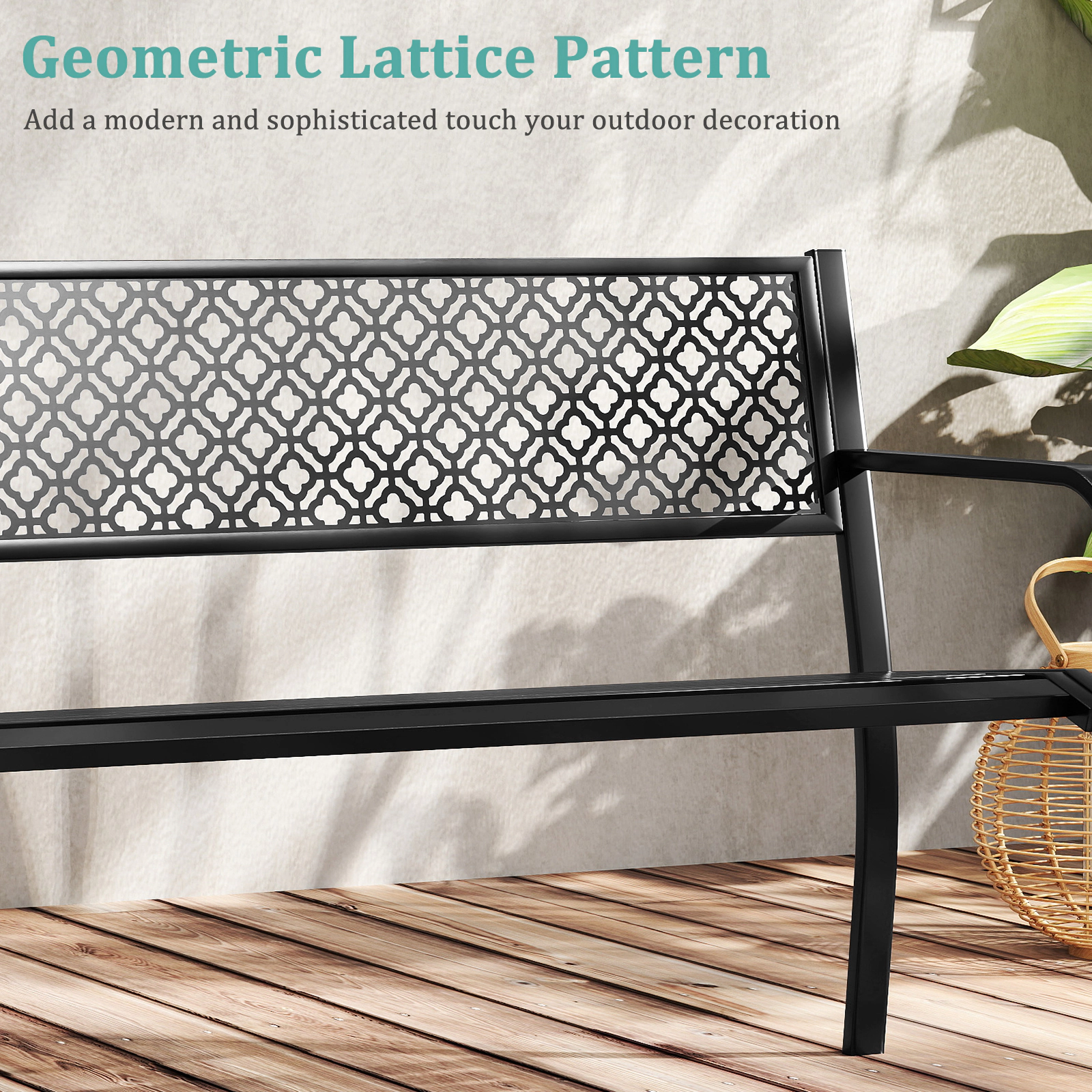SUGIFT 50-in Outdoor Metal Garden Bench with Geometric Lattice Backrest and Slatted Seat 790-lb Capacity Black