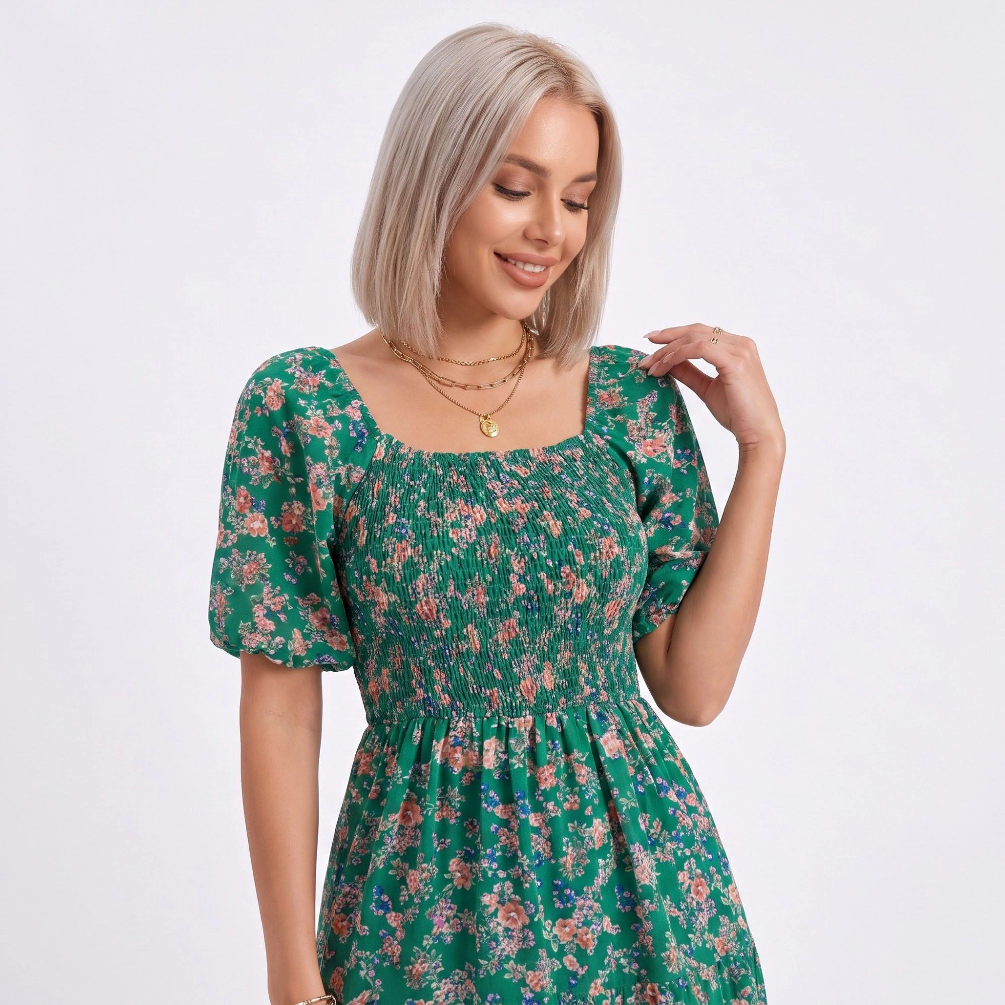 Anna-Kaci Women's Floral Square Neck Smocked Bodice Tiered Midi Dress