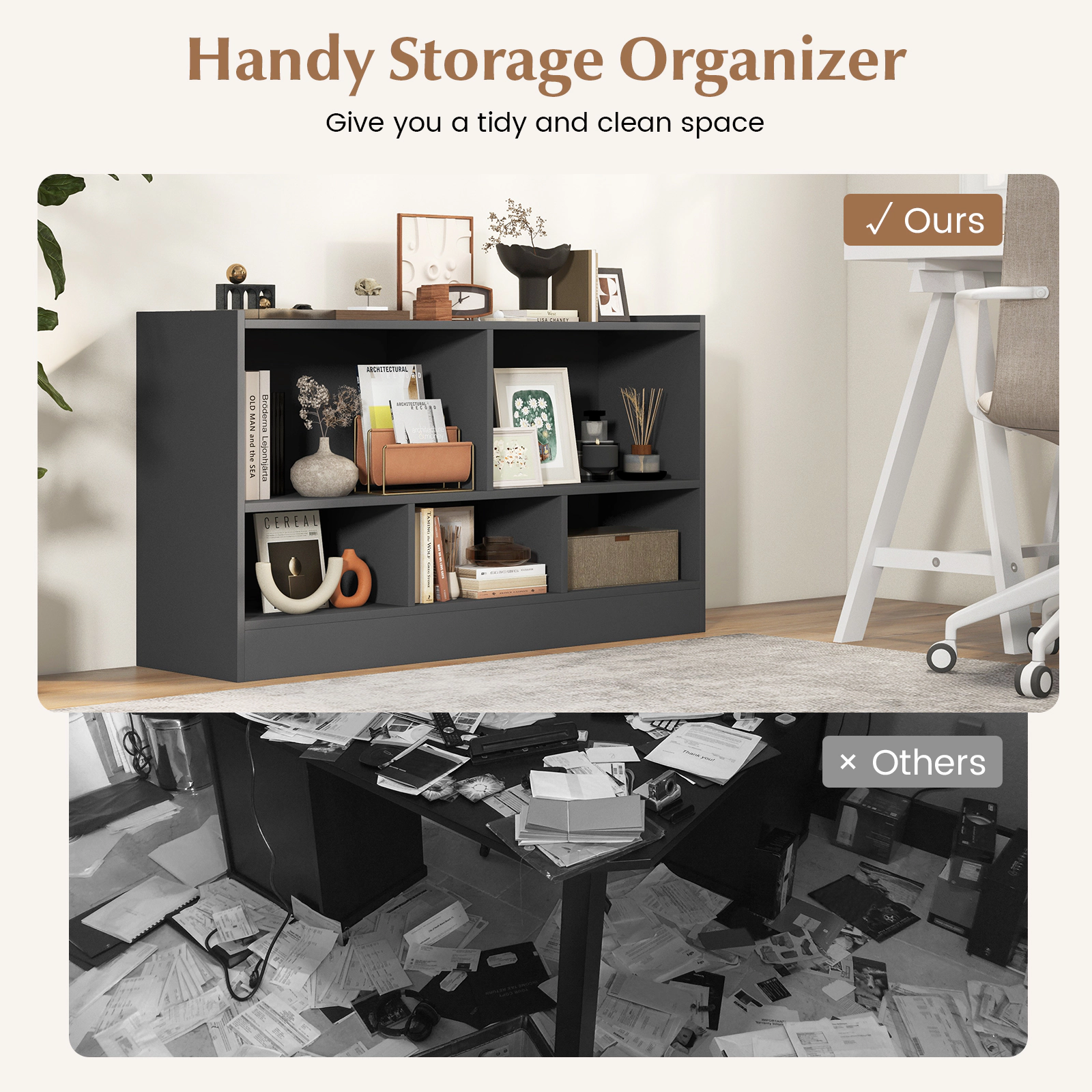 SUGIFT Kids 5-Cube 2-Shelf Wood Toy Storage Bookcase Organizer 44-in x 12-in x 24-in 132-lb Top Capacity Gray