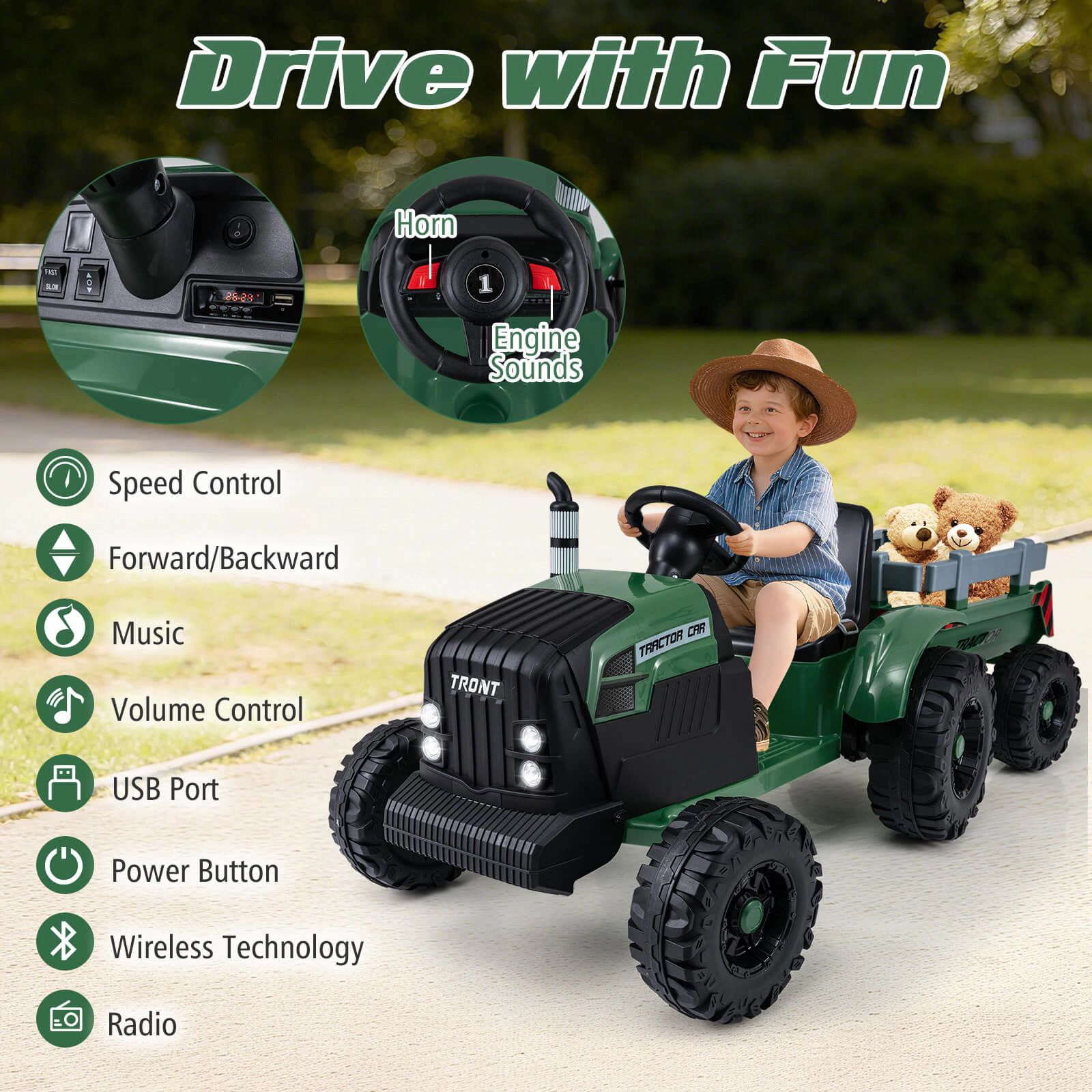Costway 24V Ride On Tractor for Kids with Detachable Trailer Remote Control Music