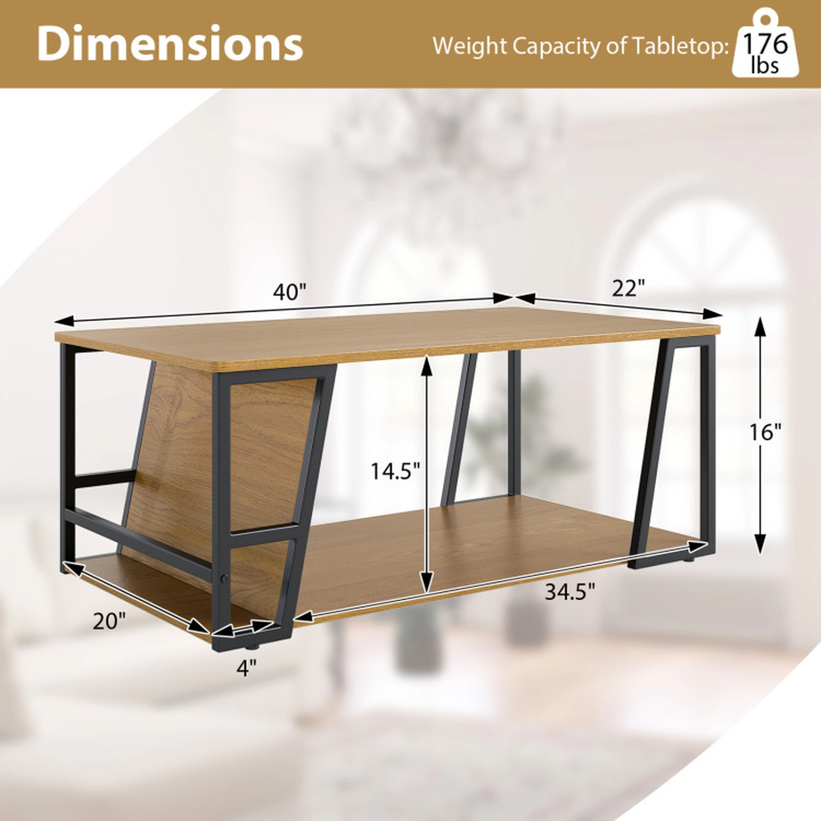 SUGIFT 2-Tier 176-lb Capacity Industrial Rectangle Coffee Table with Storage Shelf and Side Compartment