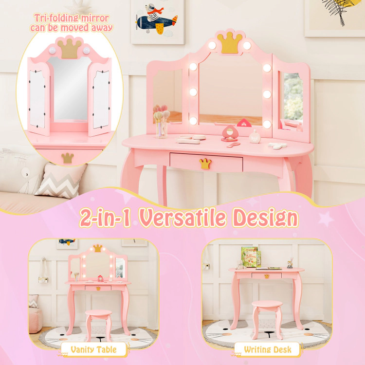Hivvago Kids Vanity Set With Tri-Fold Lighted Mirror Detachable Top And Stool