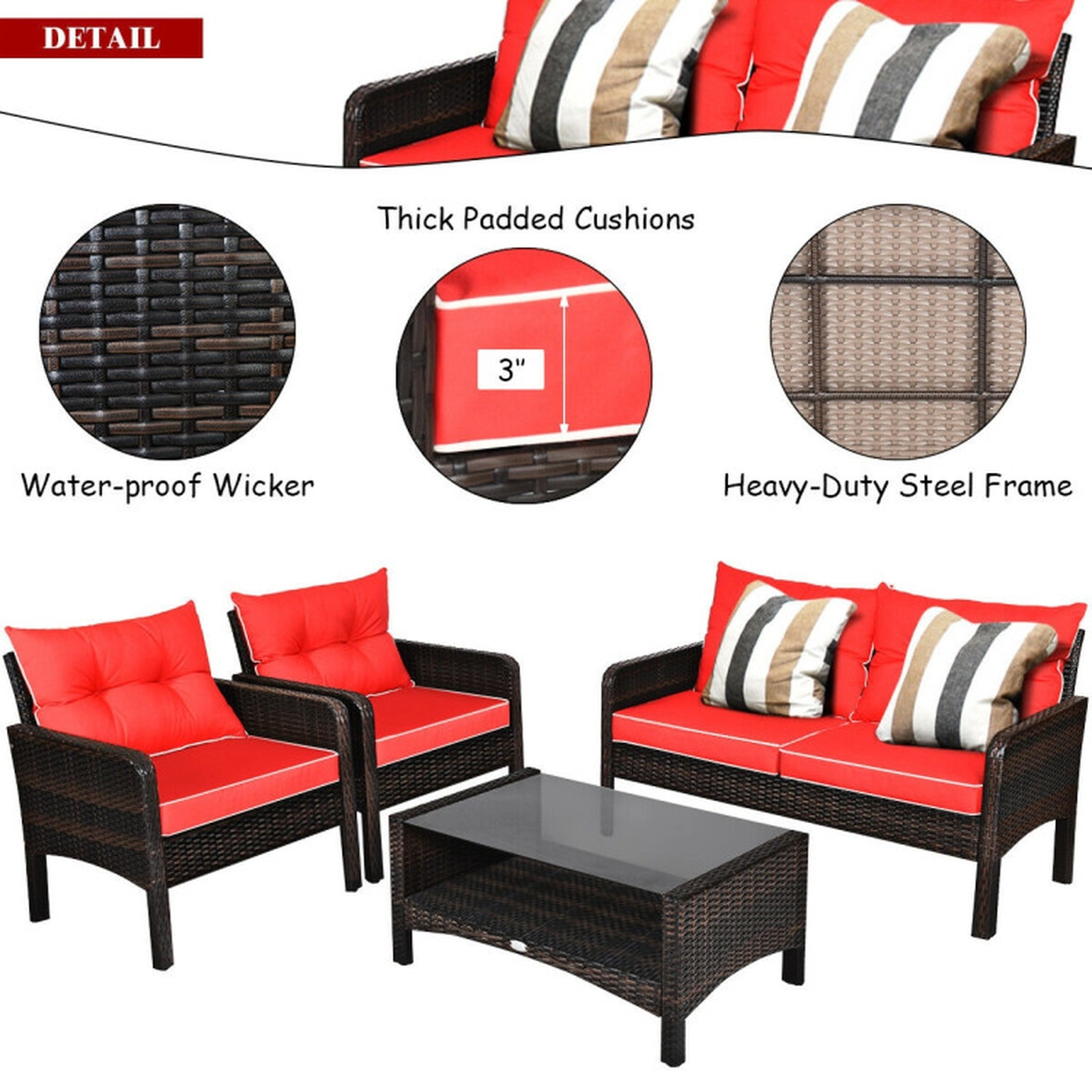 SUGIFT 4-Piece 800-lb Loveseat Capacity Red Rattan Wicker Patio Furniture Set with Glass Storage Table