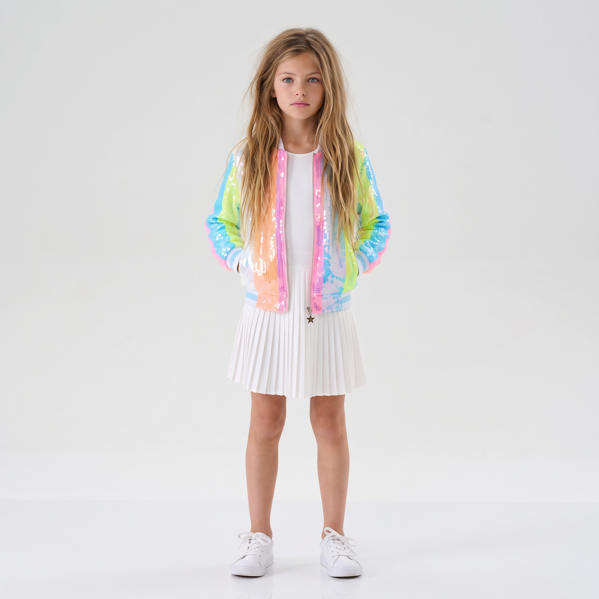 2Bunnies Girls’ Neon Pastel Stripe Sequin Bomber Jacket
