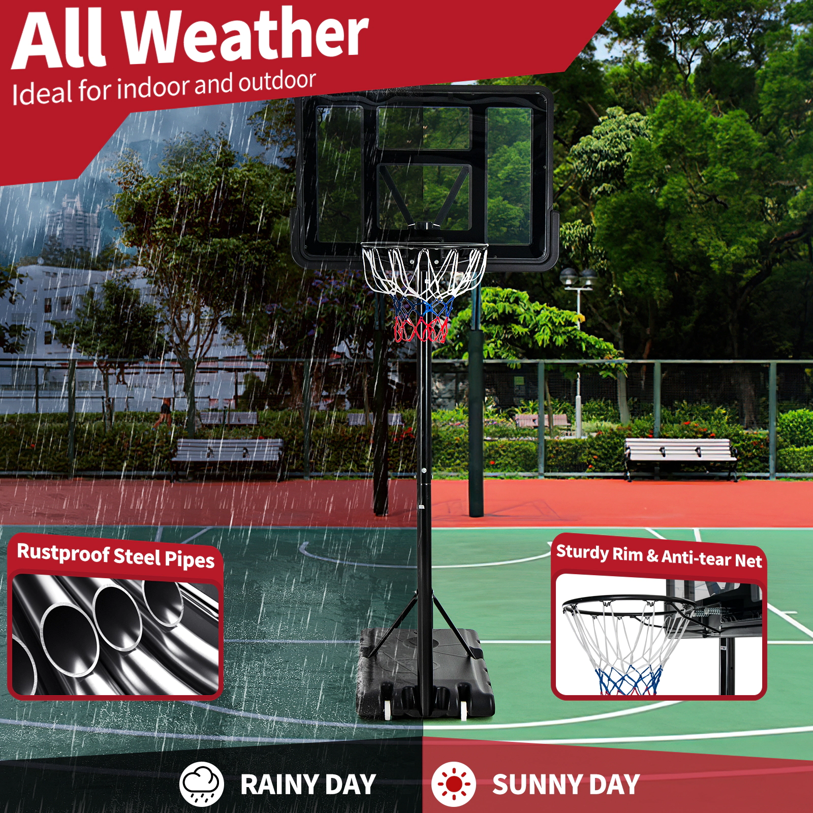 SUGIFT Portable Basketball Hoop Stand with Shatterproof HDPE Backboard and Wheels 4.25-10-ft Rim Black Red