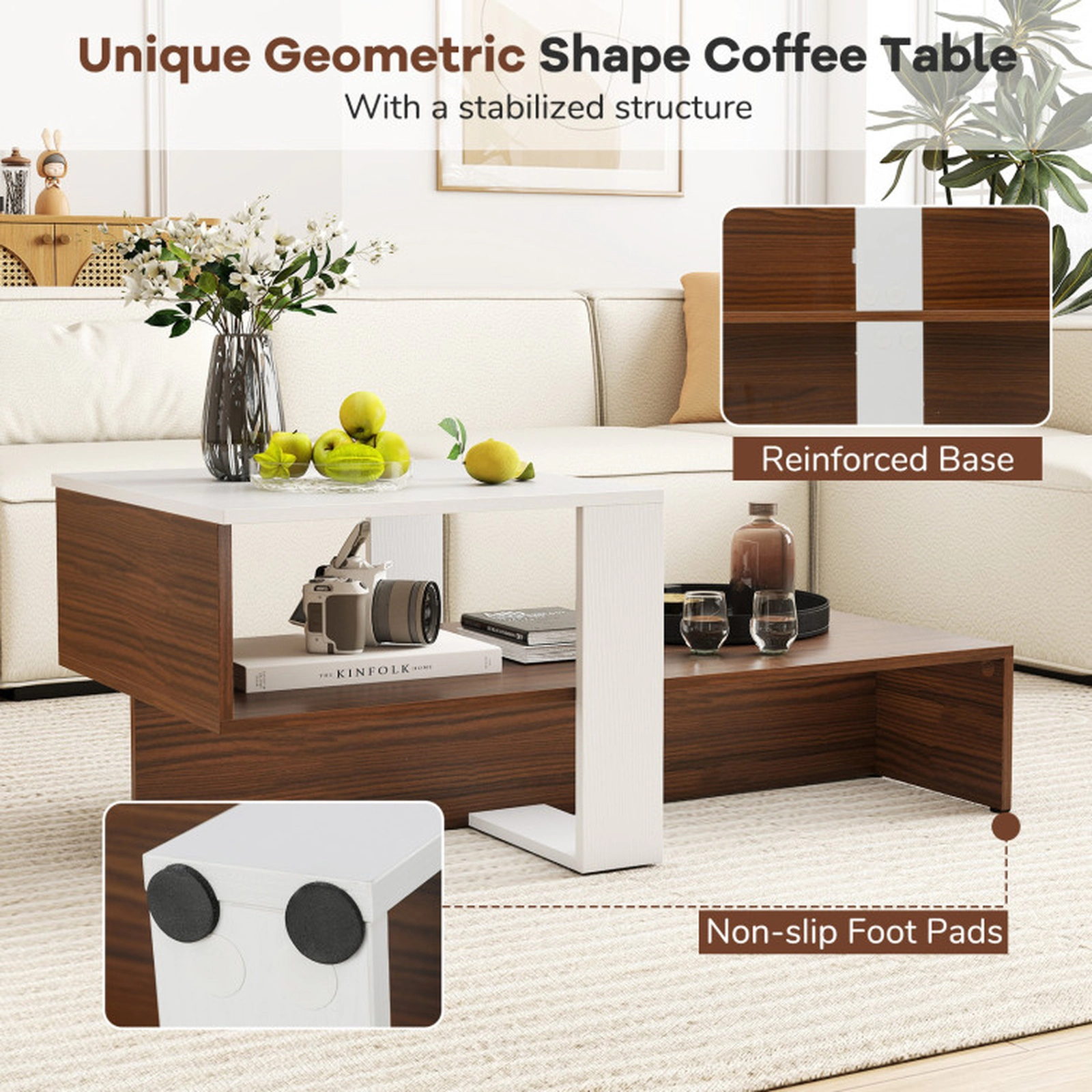SUGIFT 2-Tier Geometric Interlocking Storage Shelf Brown Base Coffee Table 31-in x 16-in x 13-in 110-lb Capacity White