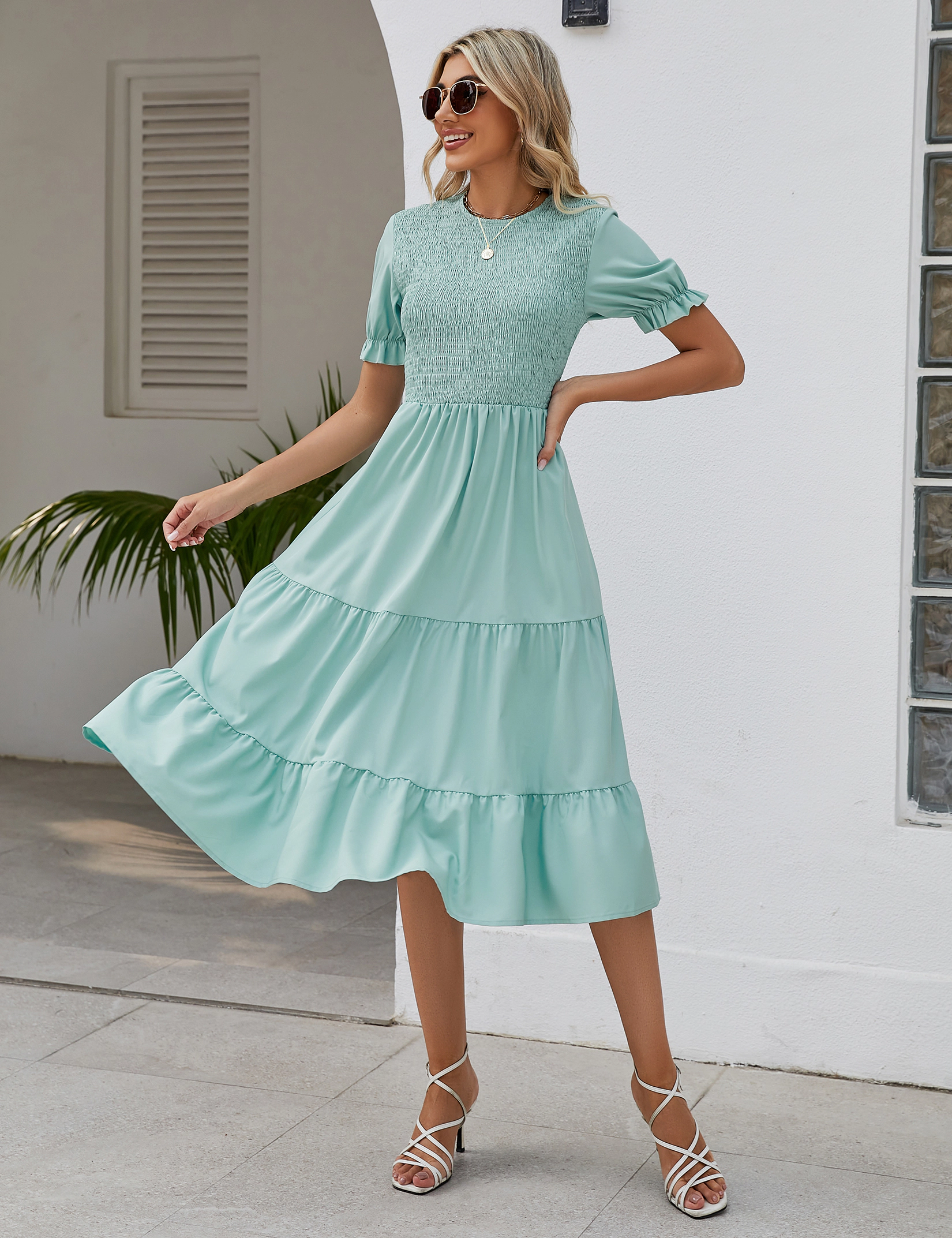KOJOOIN Women Tiered Midi Dress Puff Short Sleeve Smocked Bodice A-Line Ruffle Beach Flowy Summer Dresses