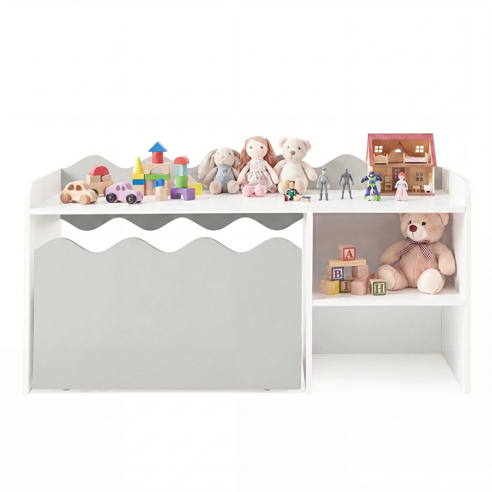 SUGIFT Kids Scalloped Rolling Toy Box Storage Bookshelf 35-in x 16-in x 18-in 77-lb Top Capacity Ages 3+ Gray