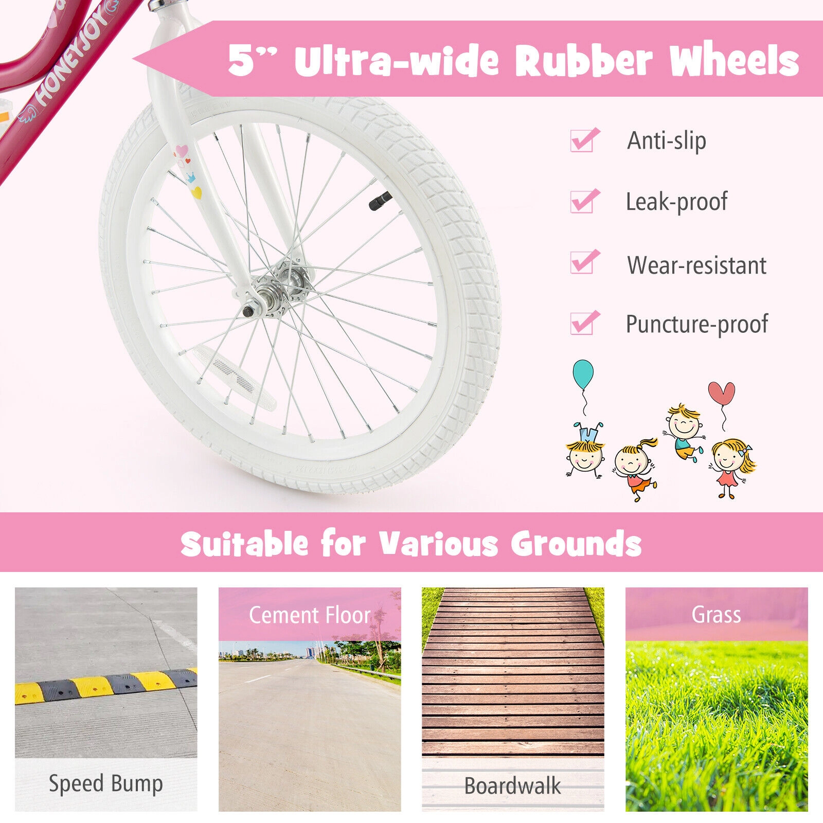 SUGIFT Adjustable 18-in Kids Bicycle Training Wheels 110-lb Capacity Ages 6-8 Pink with Basket & Enclosed Chain Guard