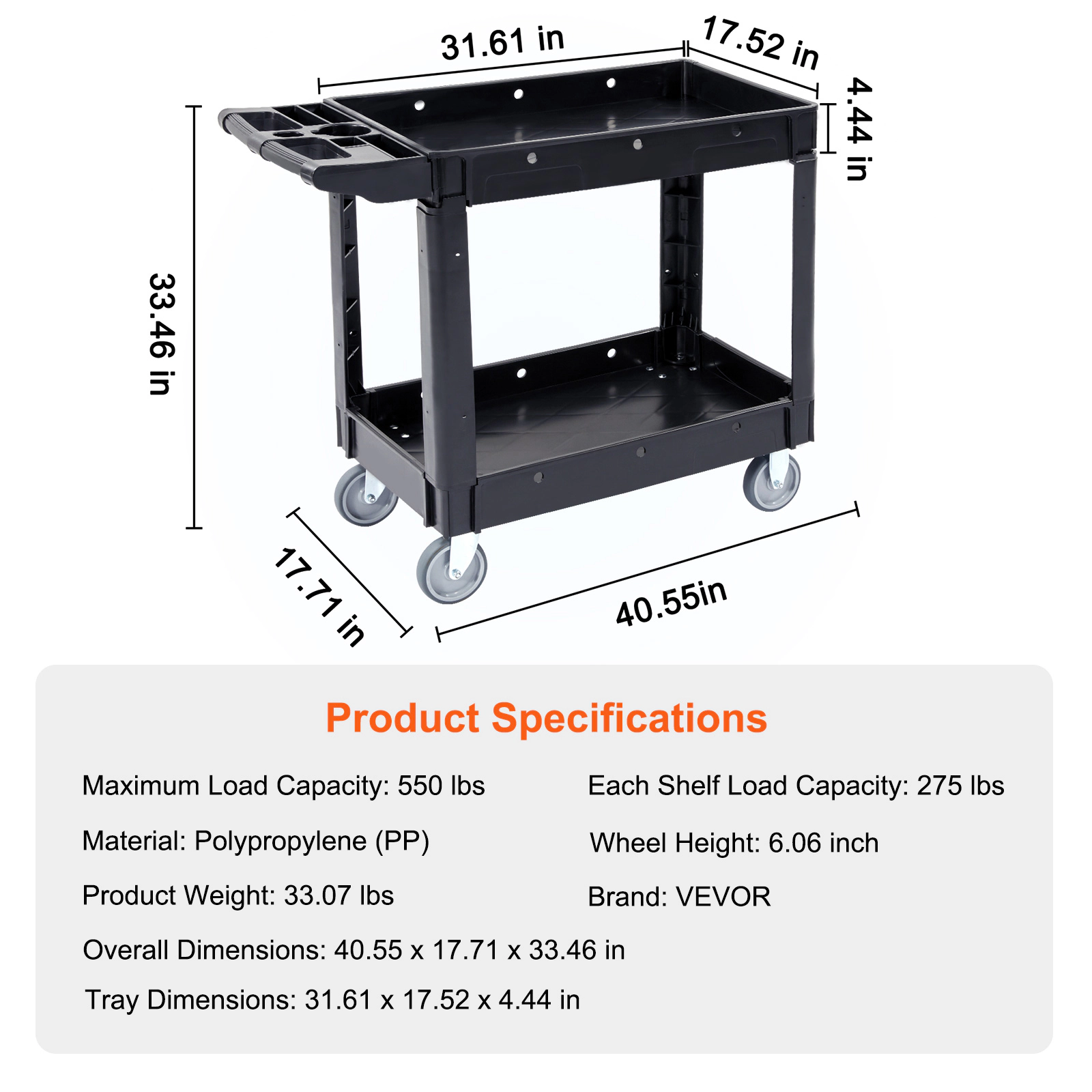 HONGGE Utility Cart Service Cart Heavy Duty Plastic Utility Cart with 360° Swivel Wheels with for