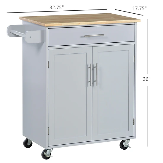 HONGGE Kitchen Island Cart Rolling Island Table with Solid Wood Top Trolley Cart with Drawer Storage Cabinet & Towel