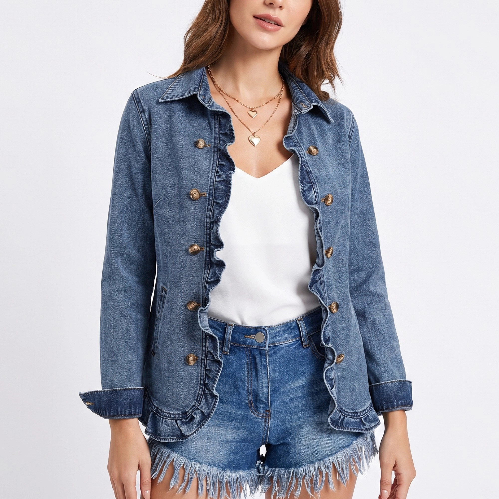 Anna-Kaci Women's Ruffle Trim Denim Jacket Long Sleeve Button Front Jean Blazer