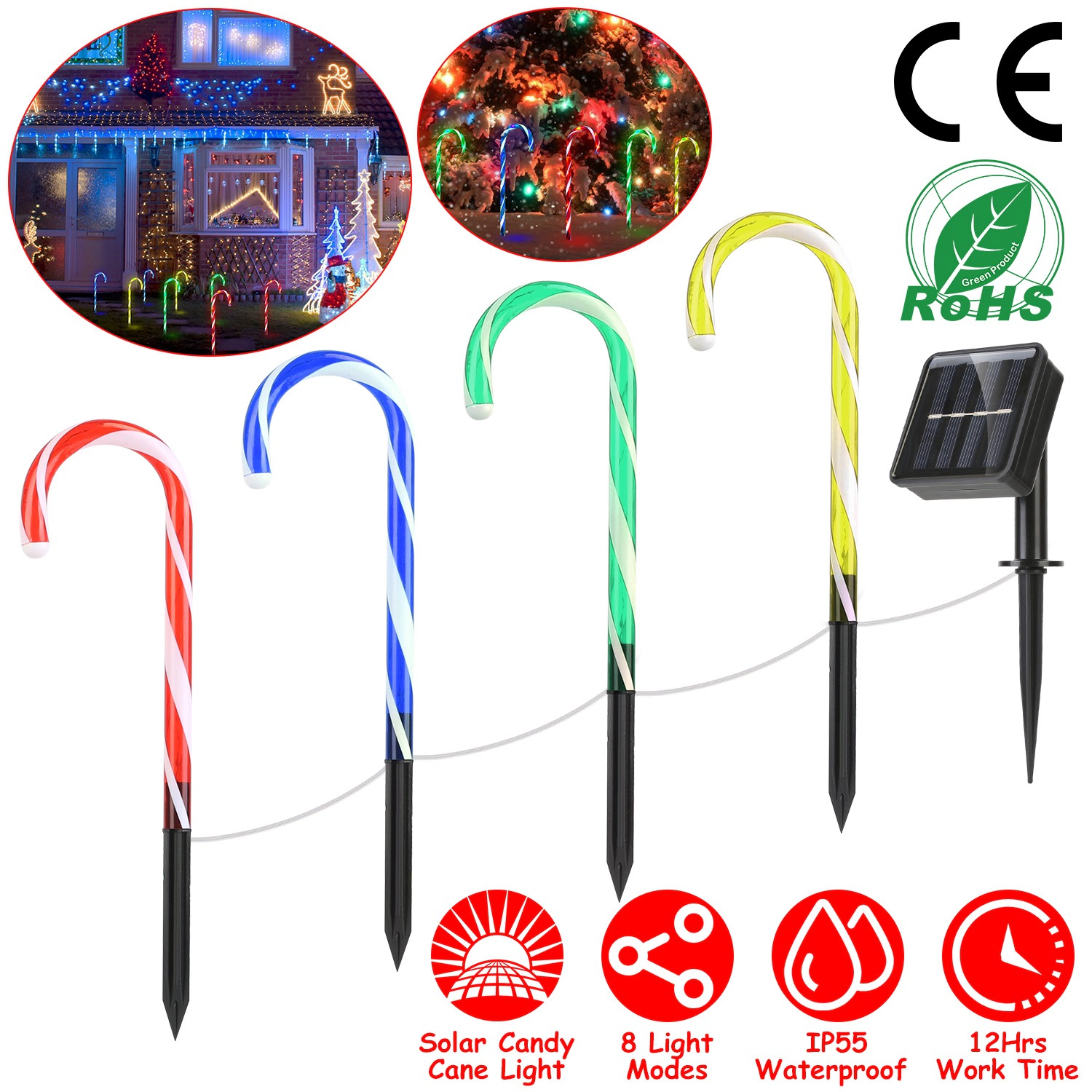 GBruno Solar Waterproof Candy Cane Stake Light