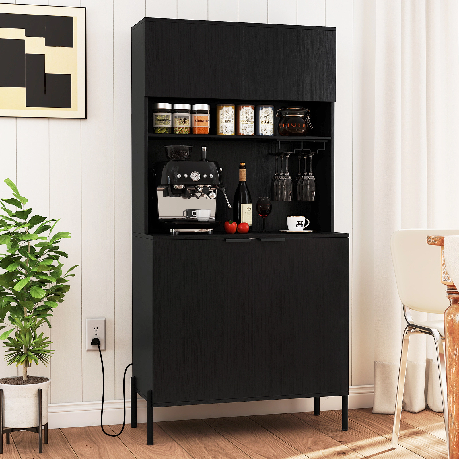 Glintex 64.5-Inch Pantry Cabinet with Recessed Power Strip and Glass Holder