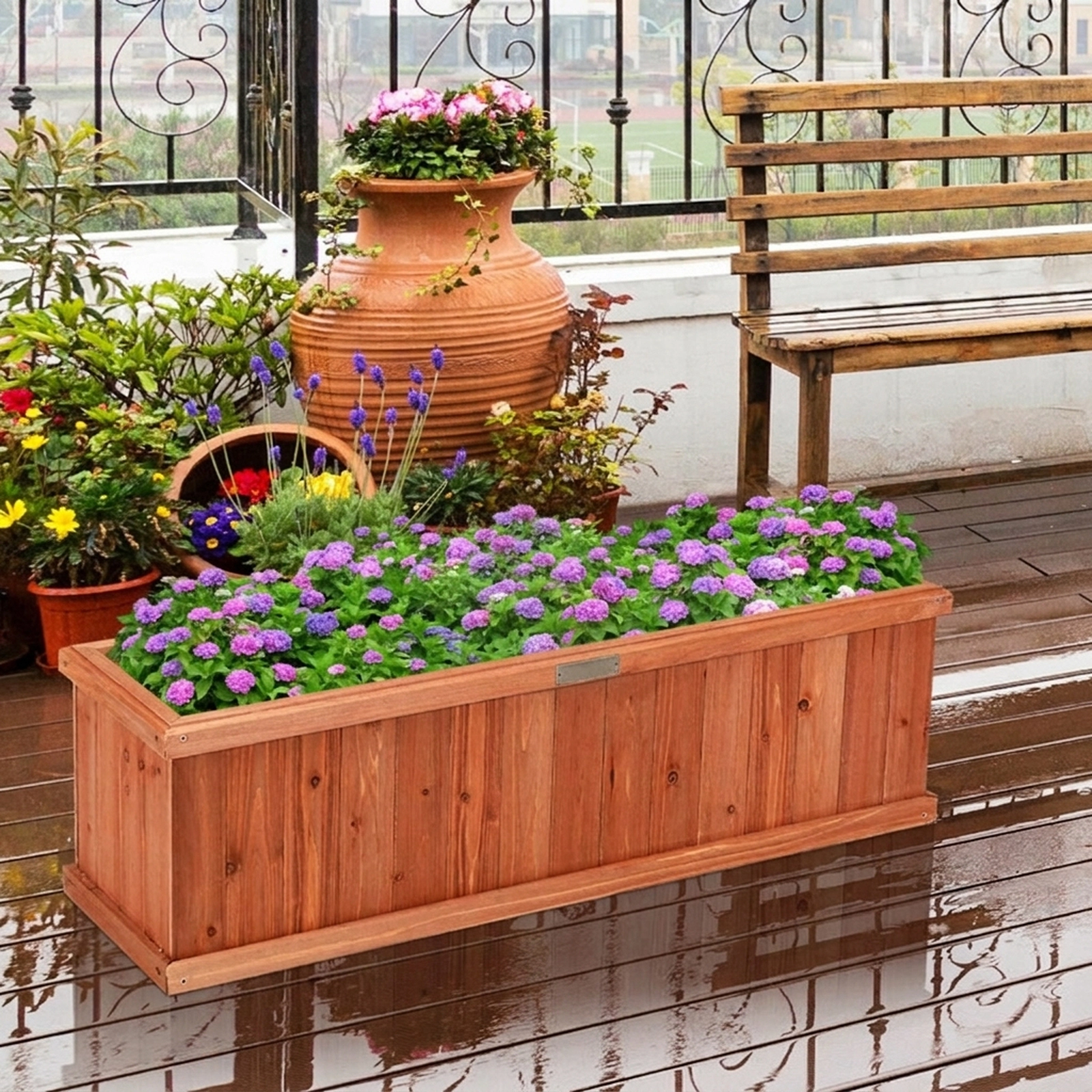 SUGIFT Brown Wooden Decorative Planter Box with 2 Drainage Holes 40-in W 12-in D 12-in H 22-lb Box Capacity