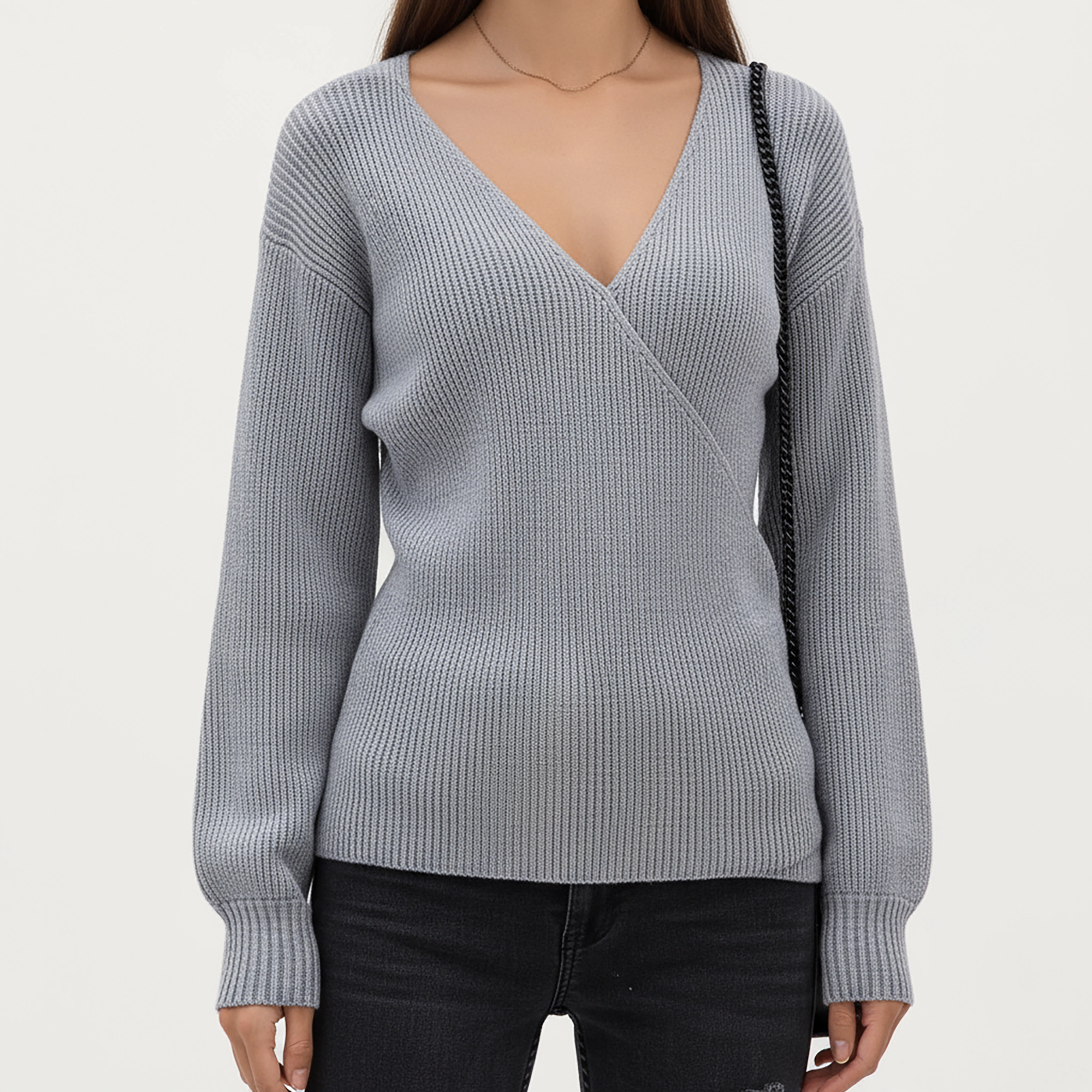 Anna-Kaci Women's Ribbed Wrap Front V-Neck Long Sleeve Knit Top