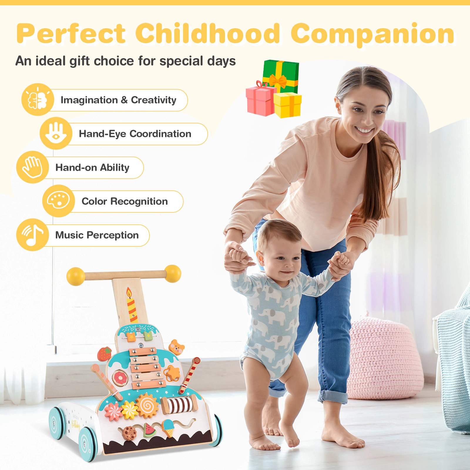SUGIFT White 3 Adjustable Handle Heights and Smooth Rubber Wheels Wooden Baby Walker