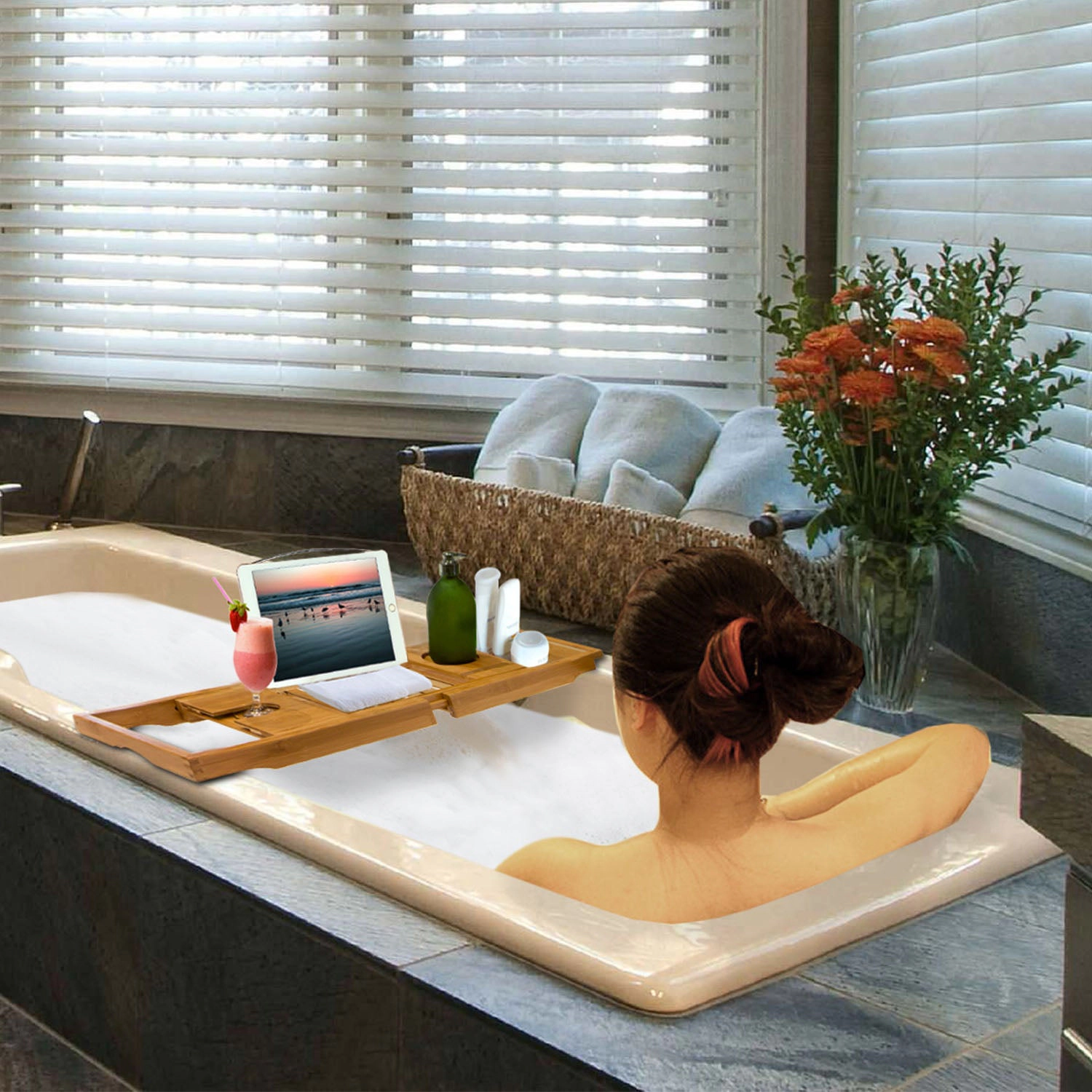 GBruno Bamboo Extendable Bathtub Caddy Tray