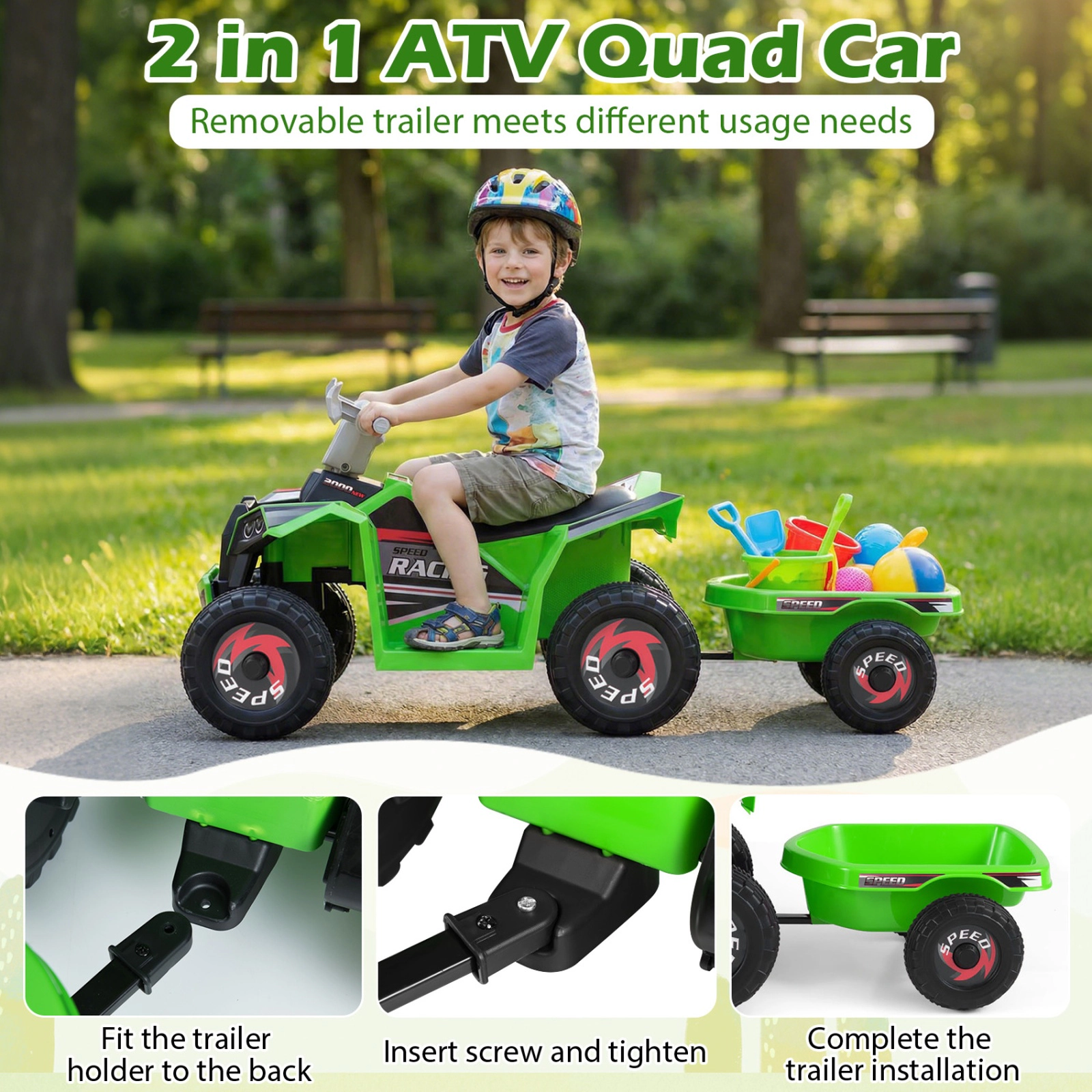 SUGIFT 6V Electric Kids Ride-On ATV Quad Car with Detachable Trailer 66-lb Capacity Ages 3+ Multi-Terrain Wheels Green