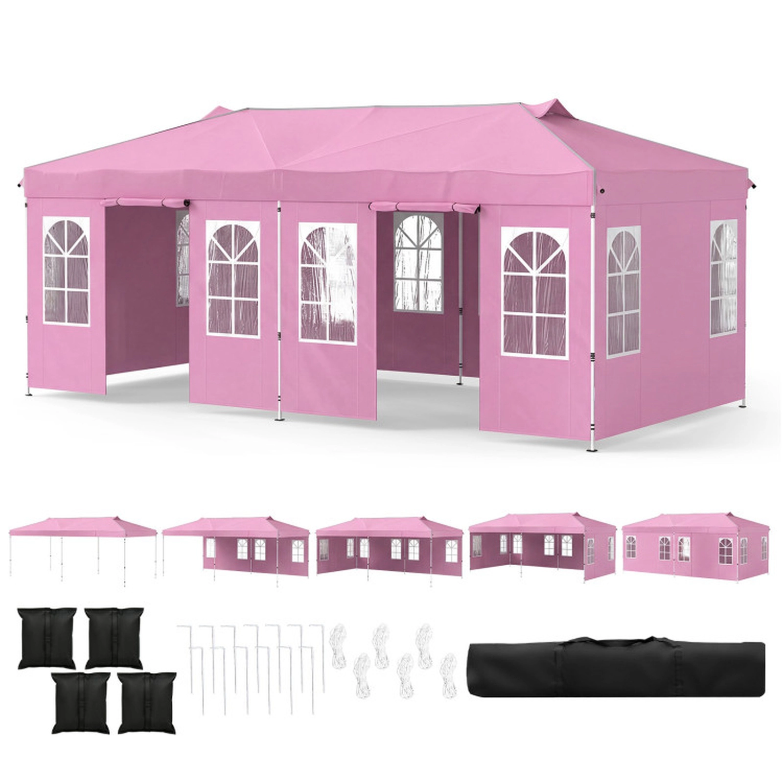 SUGIFT Pink 10-ft by 20-ft 3-Level 210D Oxford Pop Up Canopy Tent with 6 Sidewalls and Zippered Doors