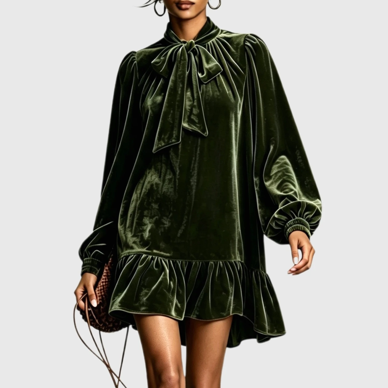 YesFashion Womens Velvet Mini Dress Tie Neck Lantern Sleeve Ruffle Hem Party Wedding Guest