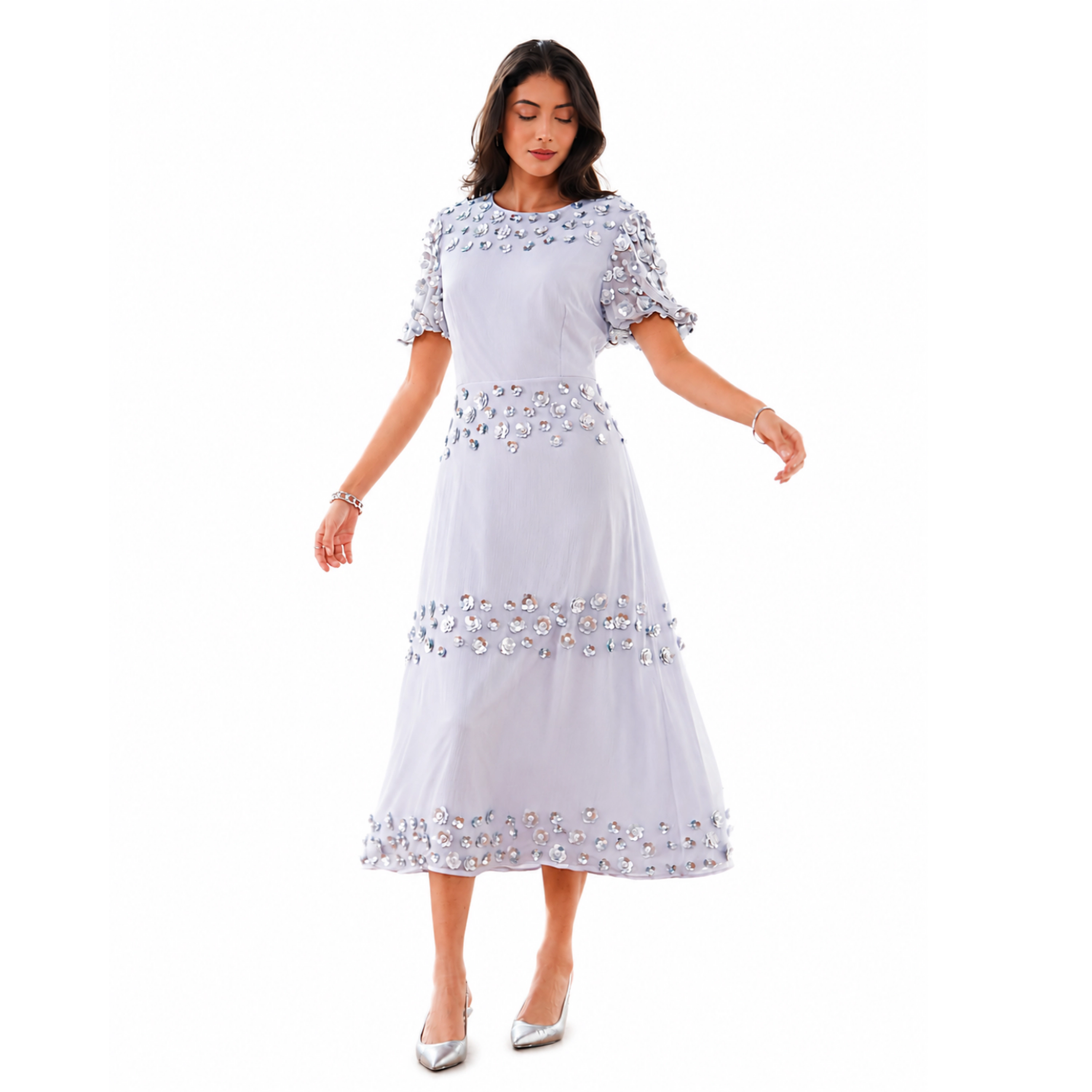 Rose & Nancy Women's Morena Soft Blue Hand Embellished Midi Dress