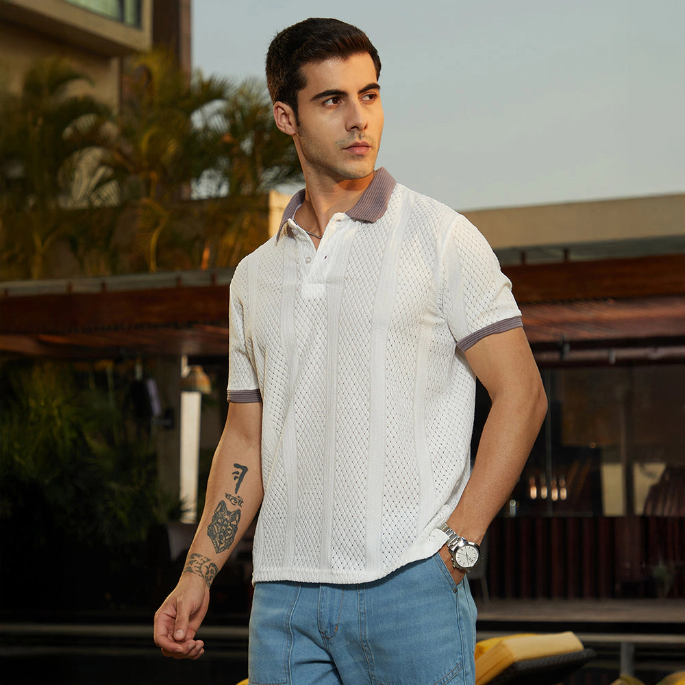 Contrast Open-Knit Polo T-Shirt