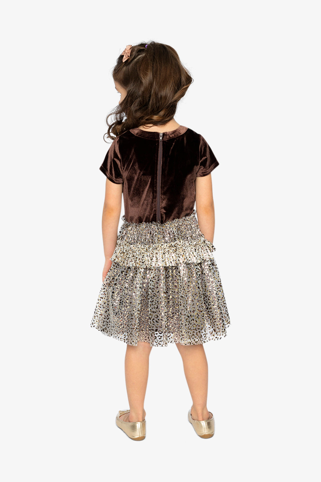 Deux par Deux Girls Bi-Material Short Sleeve Dress with Metallic Leopard Printed Mesh Skirt
