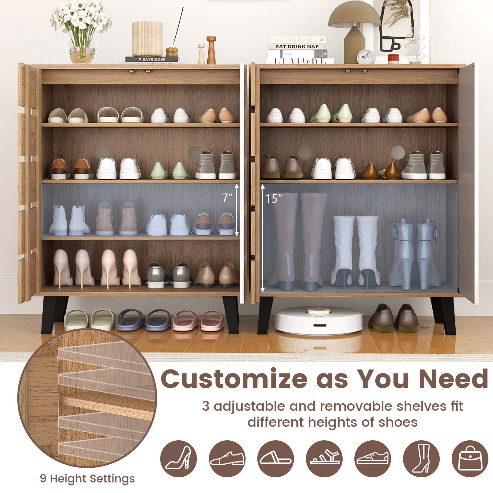 SUGIFT 4-Tier Farmhouse Shoe Organizer Louvered Door 110-lb Countertop Capacity 22-lb Shelf Capacity Natural & White