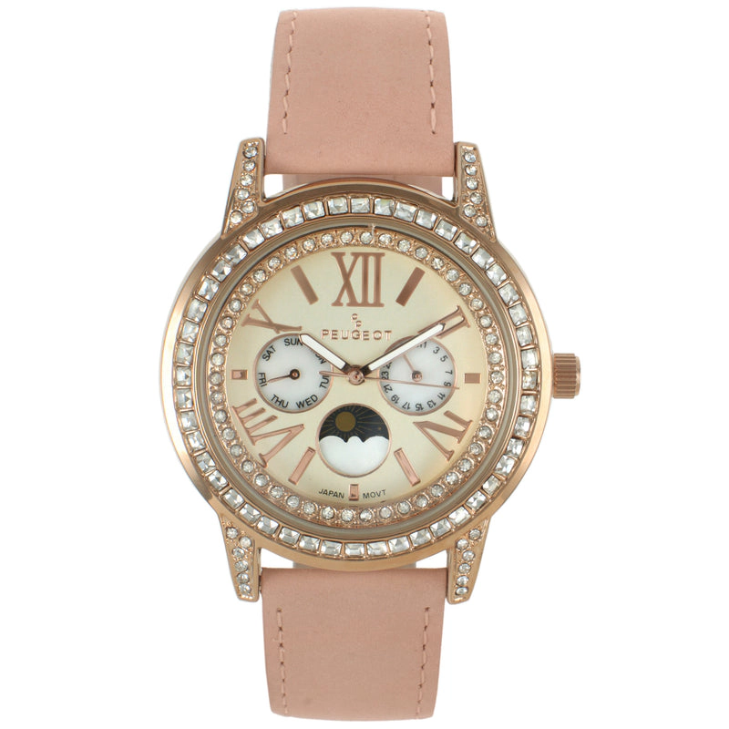 Peugeot Women's 40mm Multi-Function Watch with Pink Suede-Leather Strap