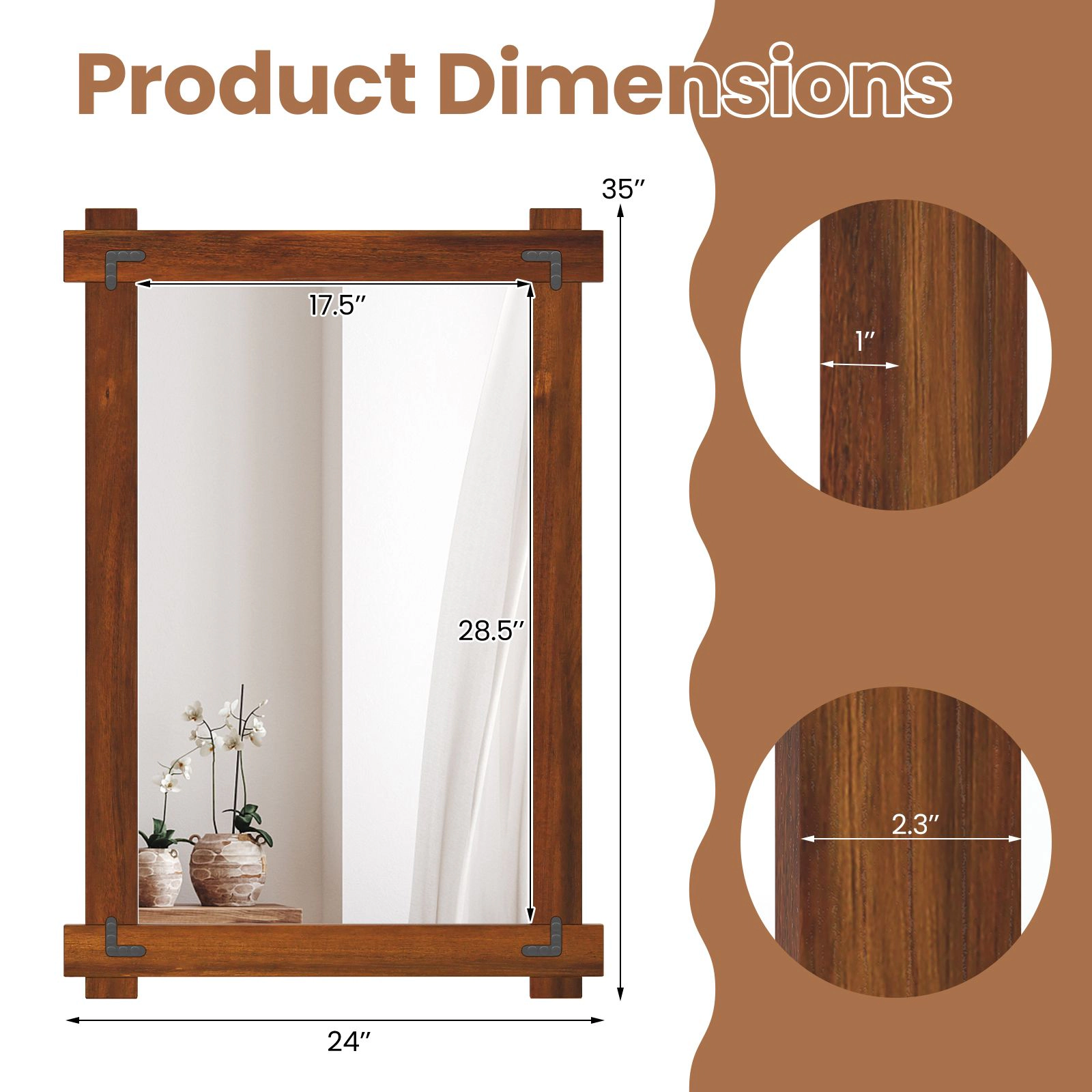 SlickBlue 30 x 20 Inch Rustic Wood Wall Mirror Rectangle Mirror for Bedroom Living Room
