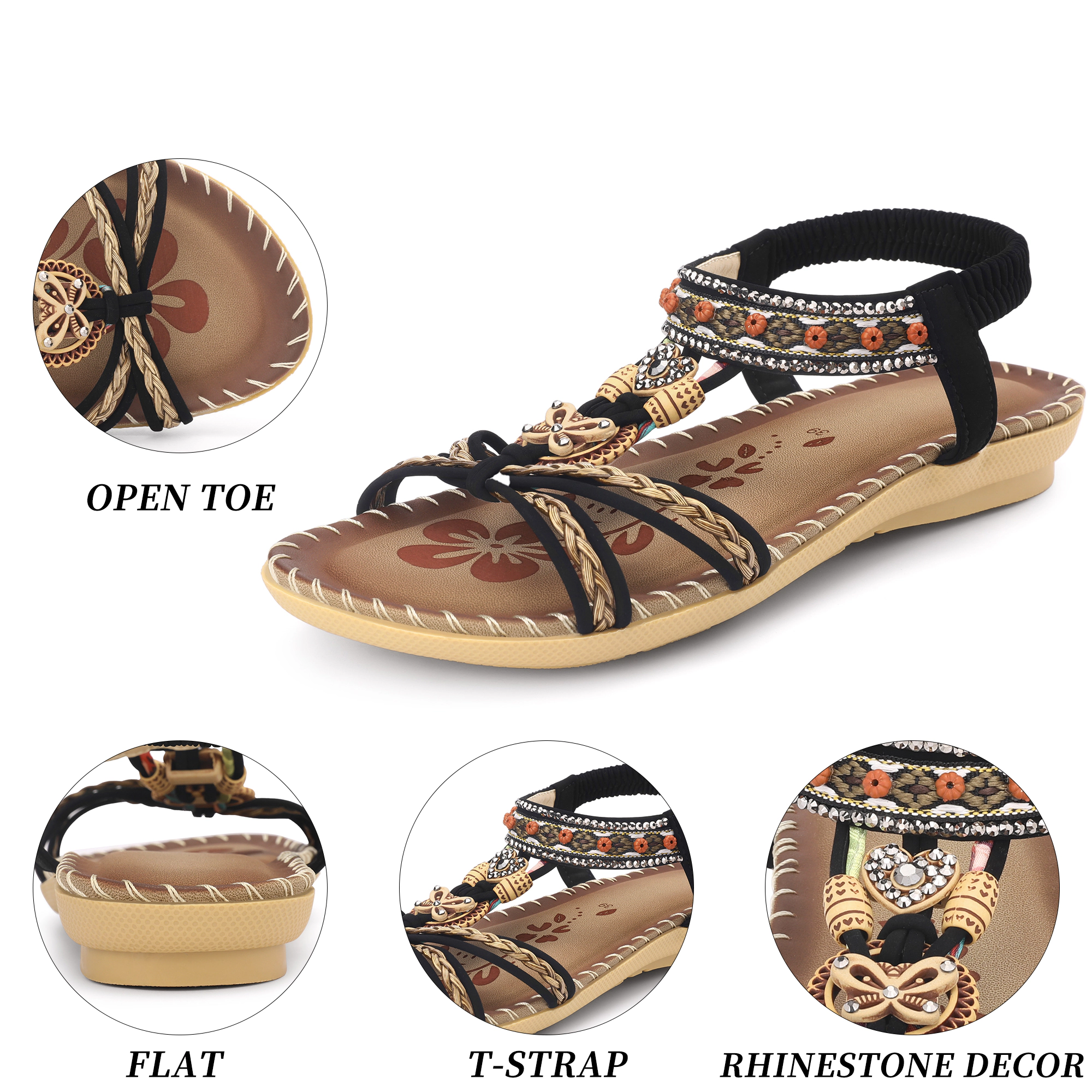 BLISSFUL STEP Women Bohemian Rhinestone Knot Flat Ankle Elastic Sandals