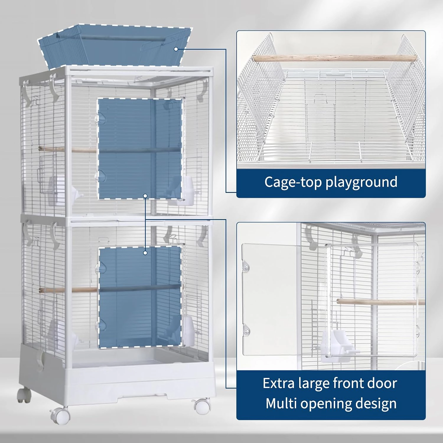Double-Layer Transparent Bird Cage, Metal-Plastic Rolling Aviary for Small-Medium Pet Birds, White
