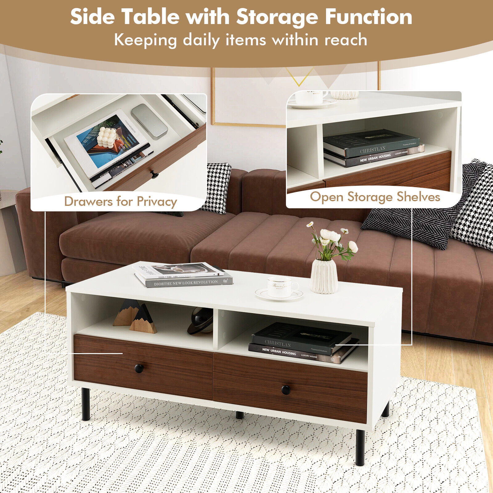 SUGIFT 2 Tier 40-in Rectangle Coffee Table with Storage Shelf and Drawers 200-lb Tabletop Capacity 40 x 20 x 18 in White
