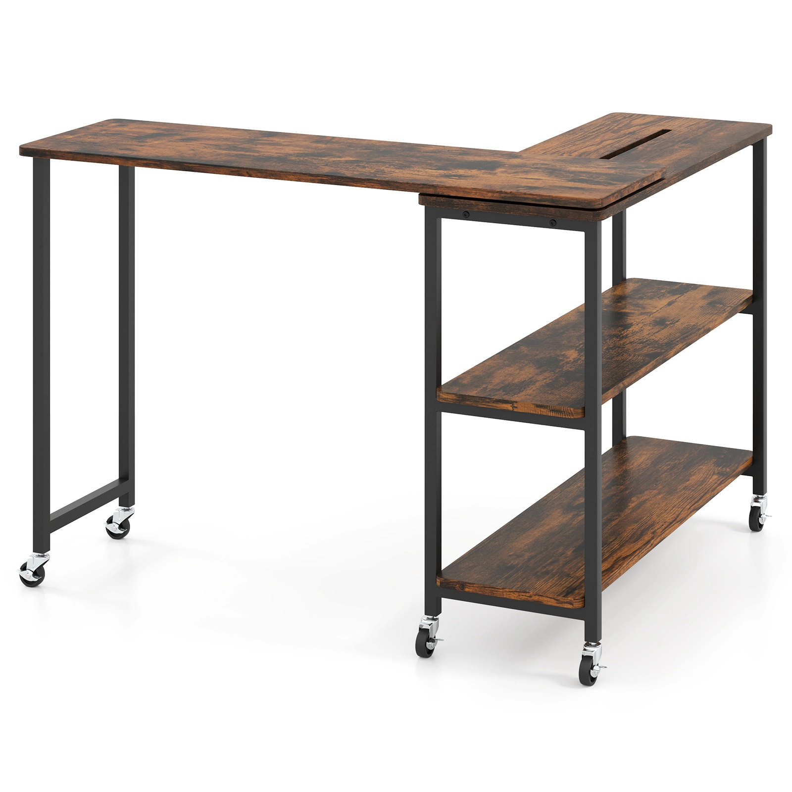 Glintex 360-Degree Rotating Sofa Side Table with Casters and 2 Open Shelves, Rustic Brown