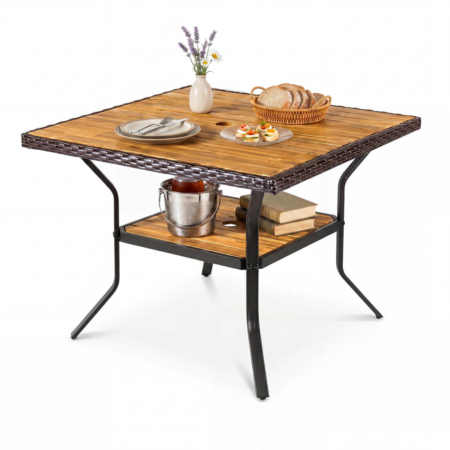 LJG 37" Square Outdoor Dining Table for 4 with Acacia Wood Tabletop and 2" Umbrella Hole