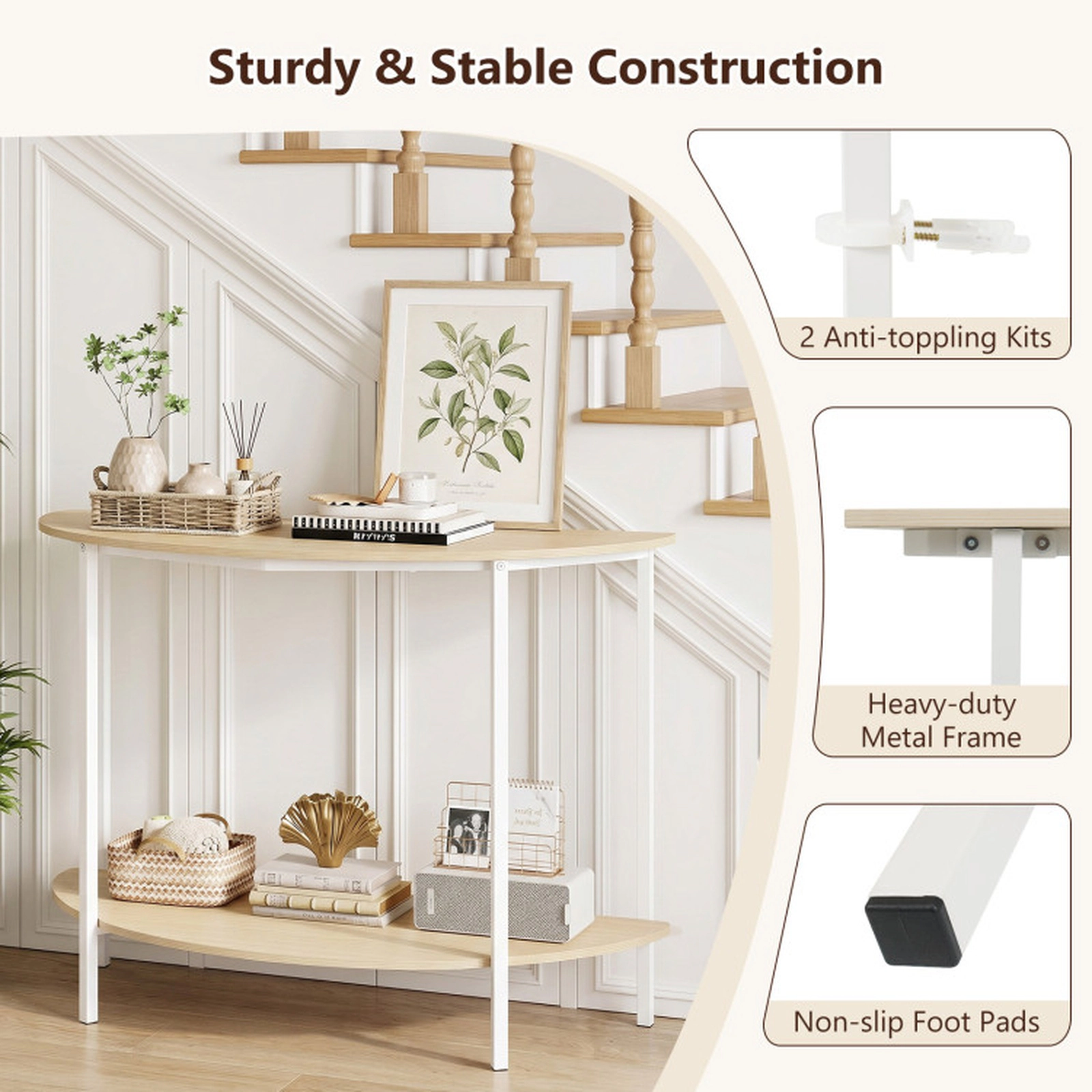 SUGIFT Half Moon 2-Tier Console Table 40-in Wide with Storage Shelf Natural & White
