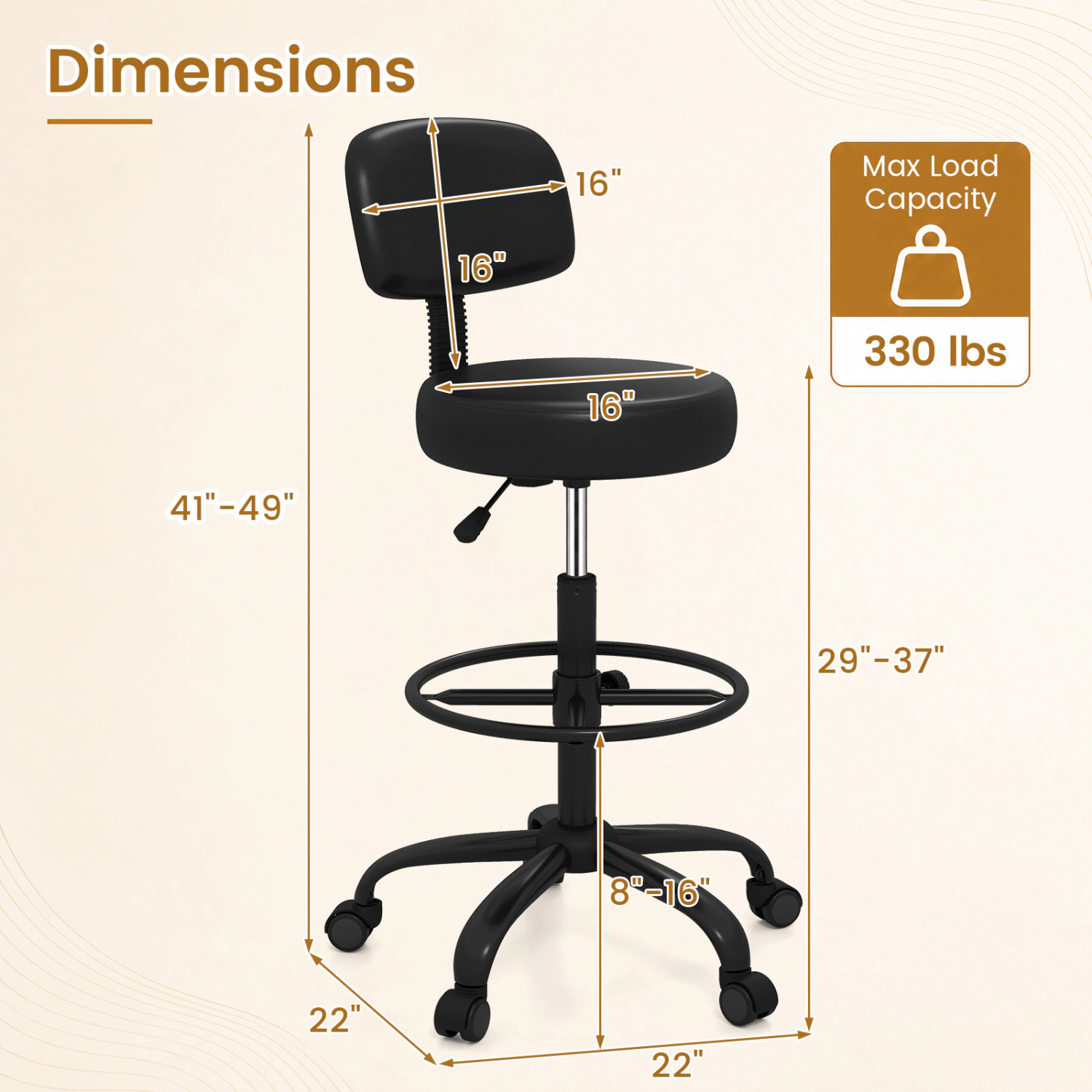 LJG Office Drafting Chair with Back & Adjustable Footring and Wheels for Desk