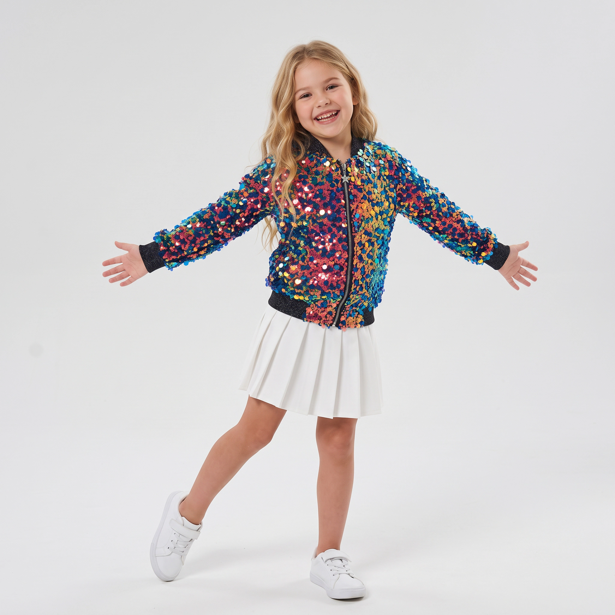 2Bunnies Girls' 5Y-10Y Fiesta Glow Sparkle Sequin Holiday Party Bomber Jacket