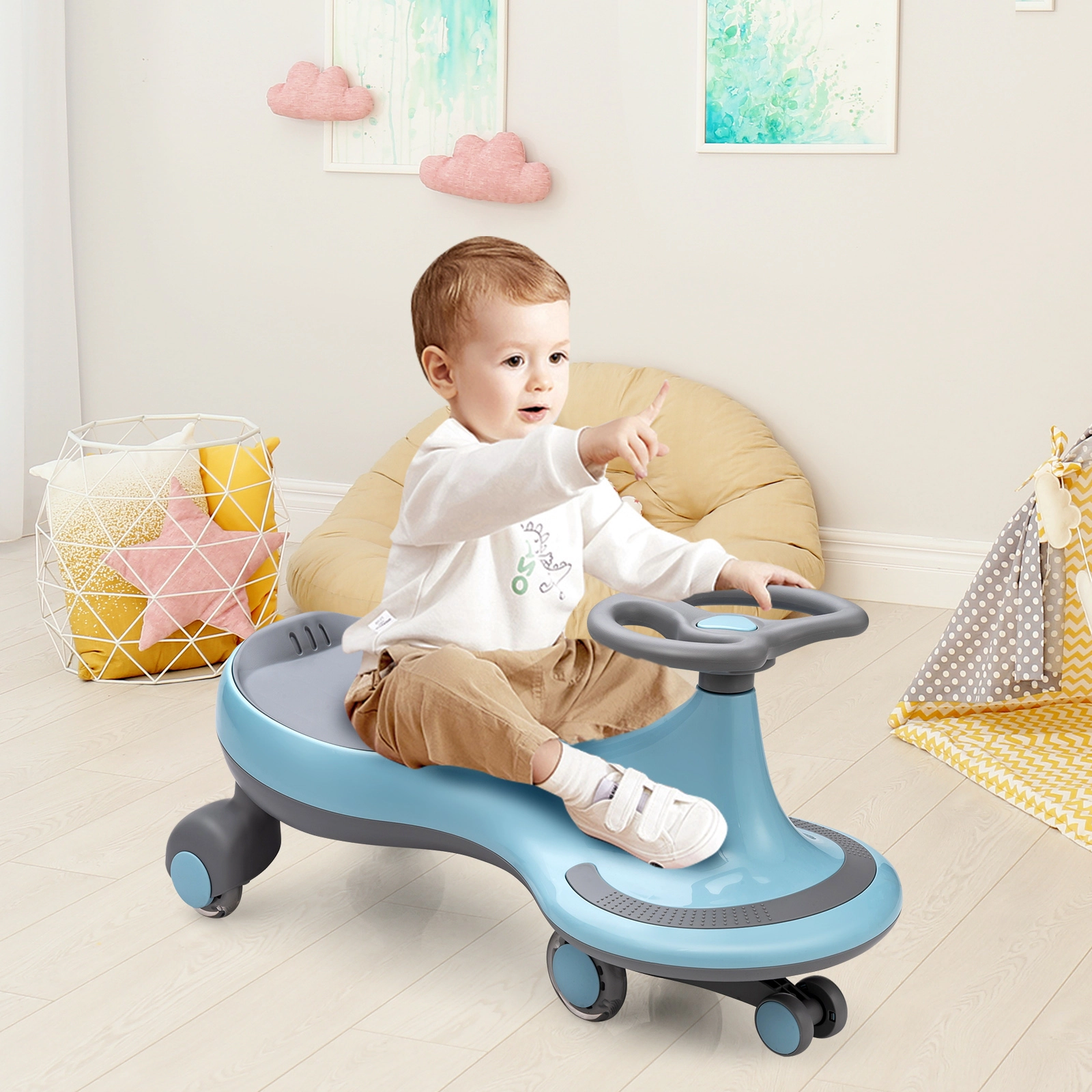 SUGIFT PP Wiggle Car Ride-on Toy with Flashing PU Wheels 110-lb Capacity Ages 2+ Blue