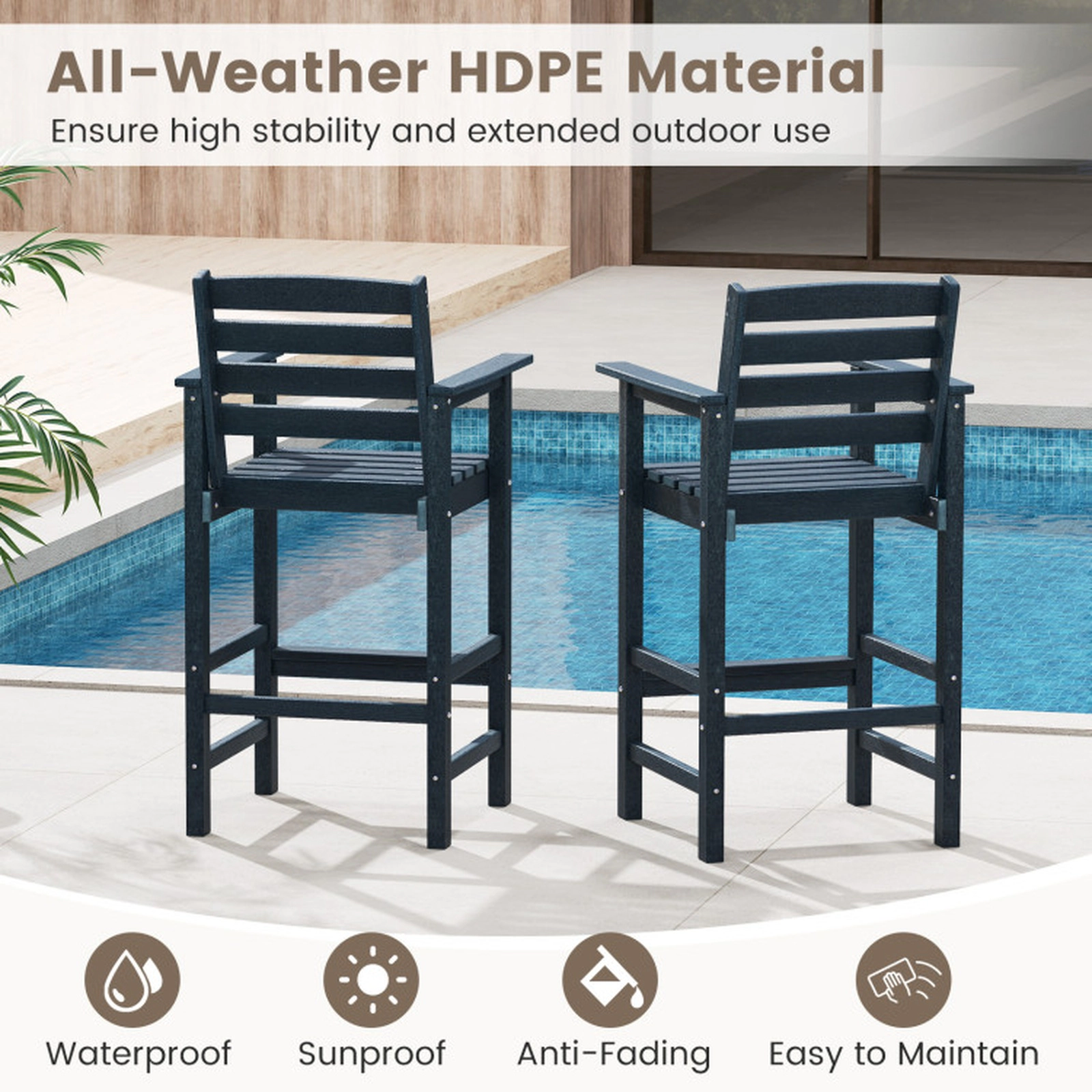 SUGIFT Adirondack Patio Bar Chairs Set 330-lb Capacity Navy