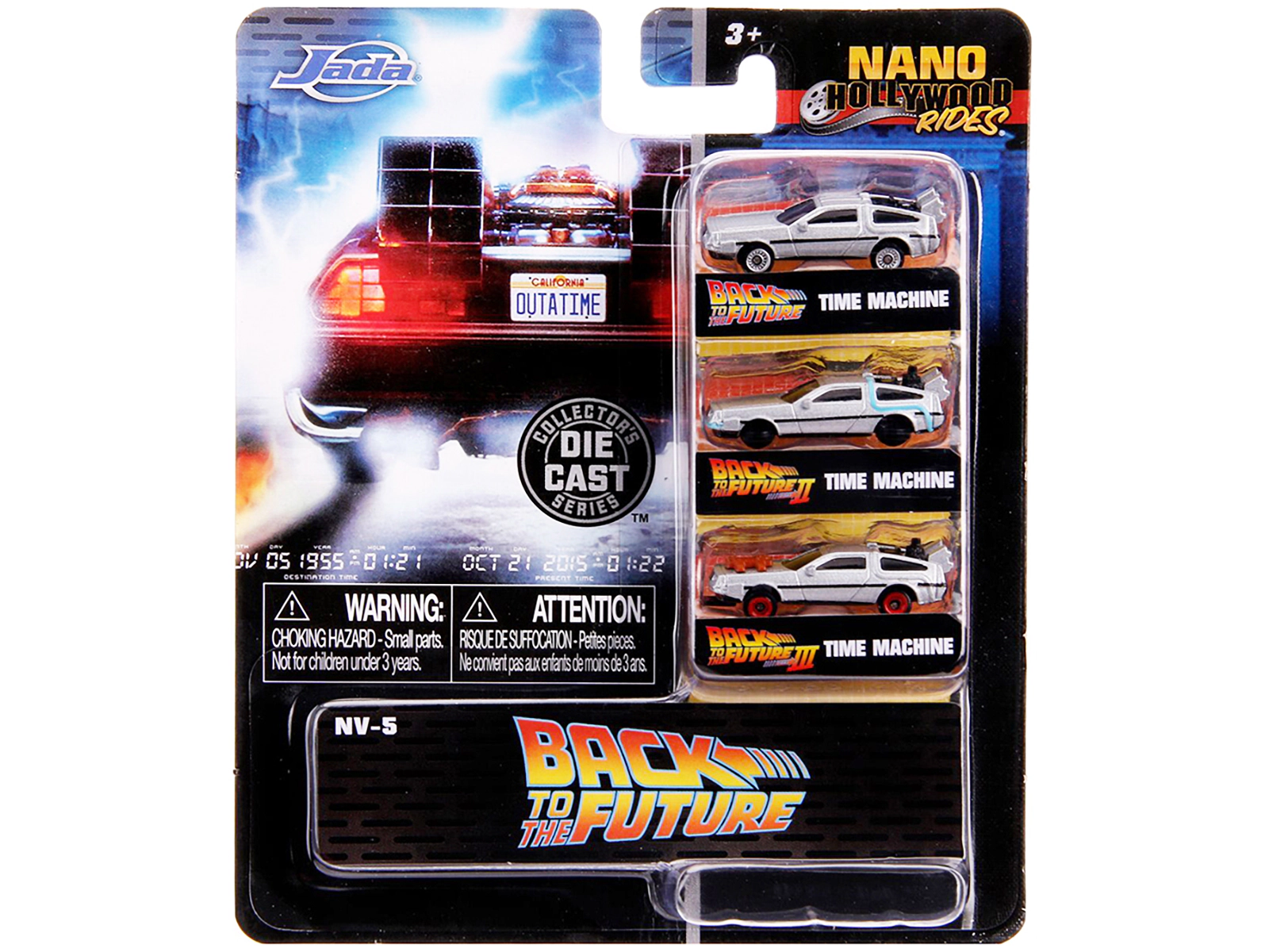 Jada "Back to the Future" Time Machine 3 piece Set "Nano Hollywood Rides" Diecast Model Cars by Jada