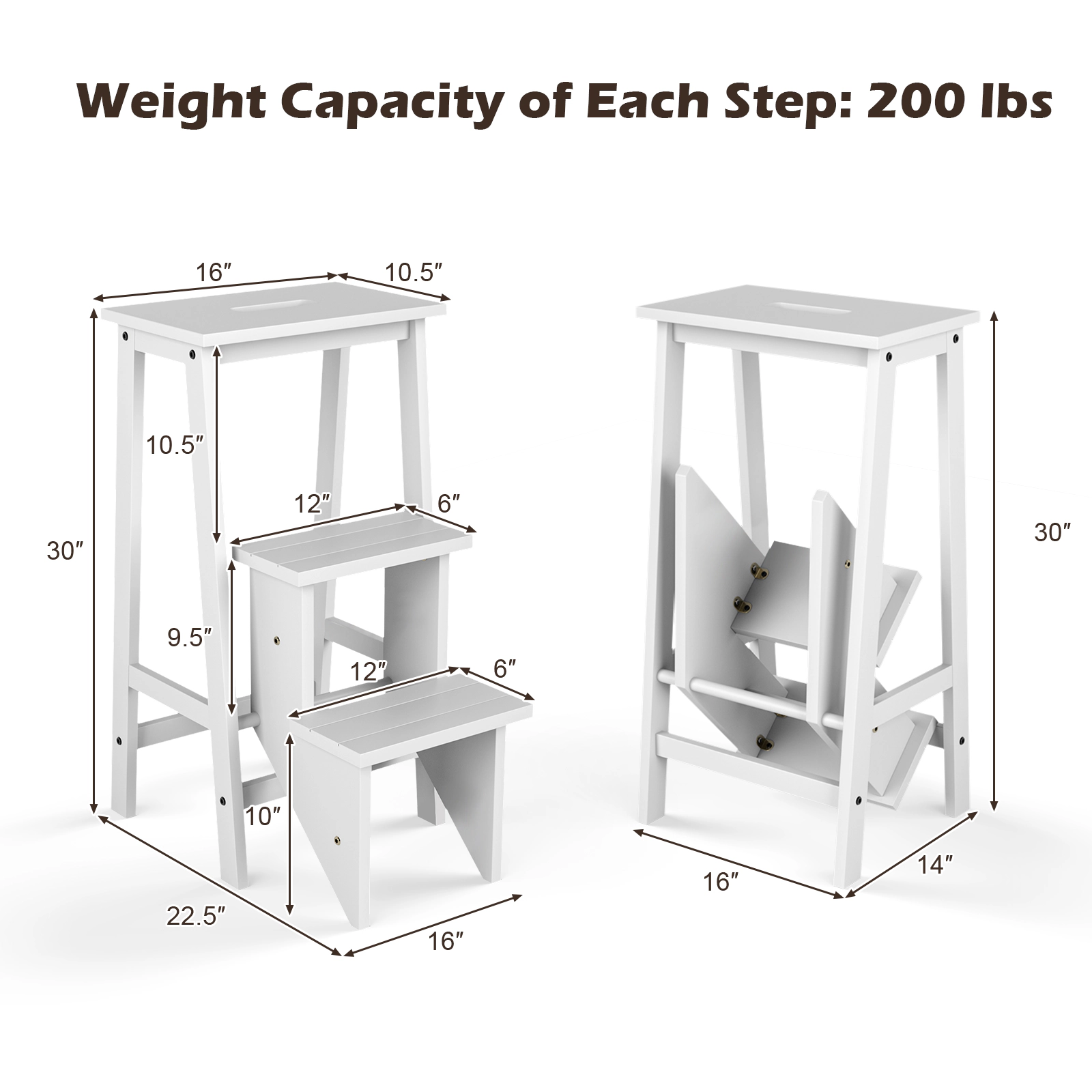 SUGIFT 3 Tier Step Stool White 3 in 1 Folding Ladder Bench in Rubber Wood
