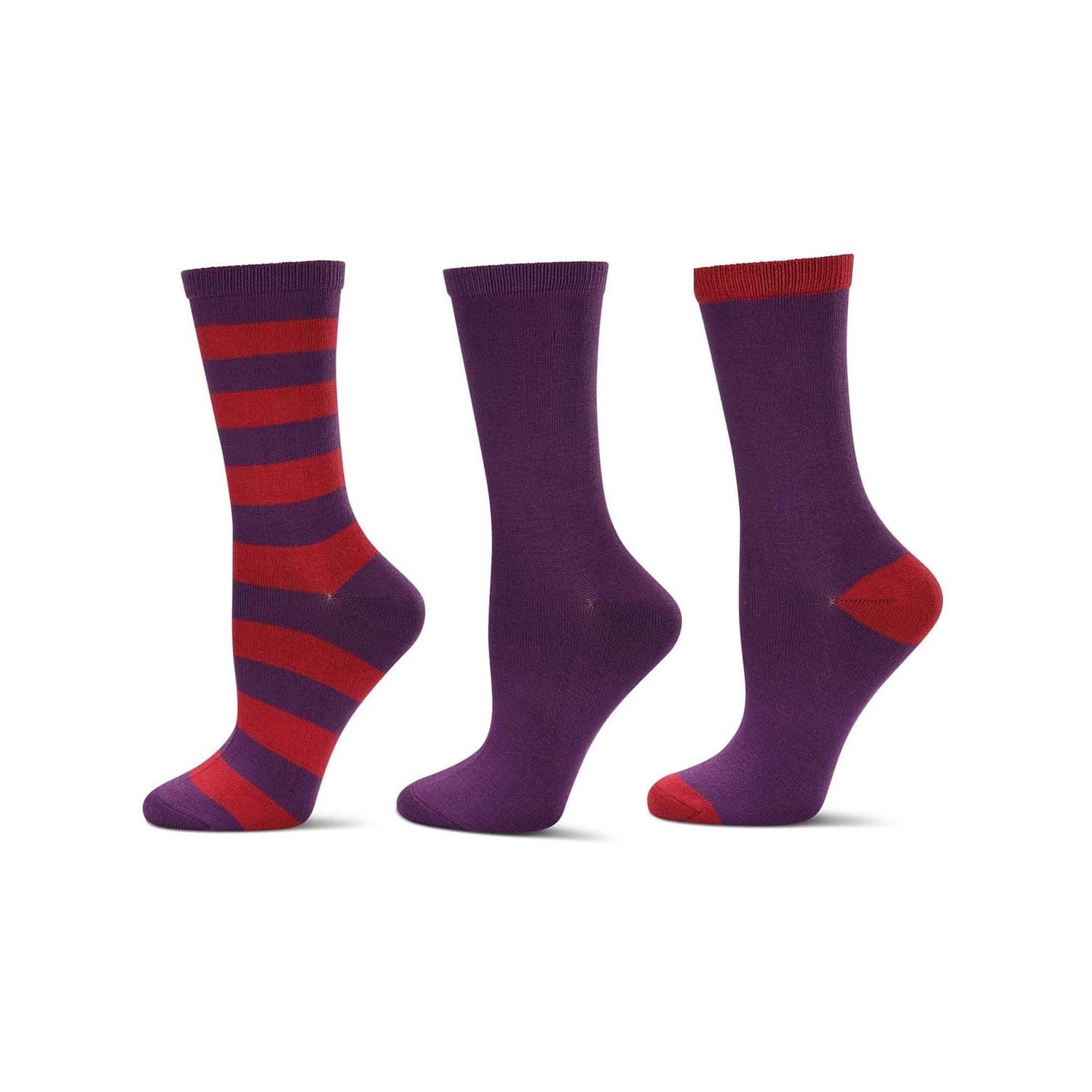 MeMoi 3 Pair Women's Buttersoft Crew Socks - Stripes and Solid Colors