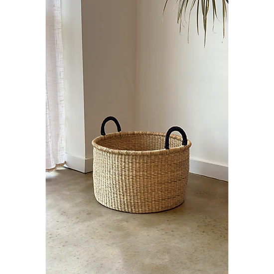 Mbare Set of 3 Handwoven Short Hampers with Leather Handles