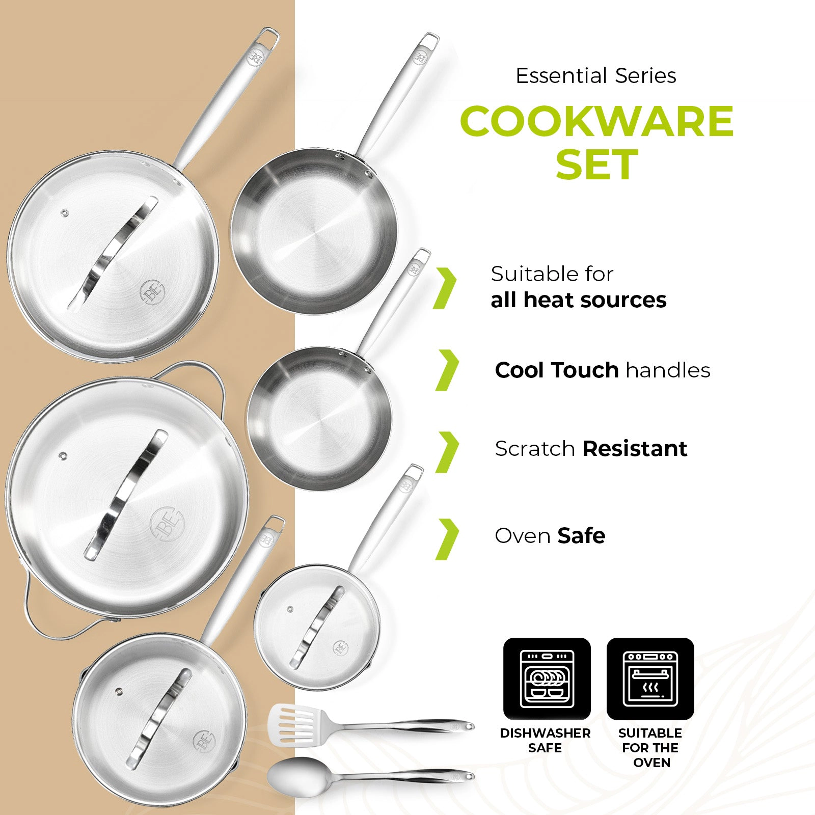 BE - LIVING Essential Series PFAS- free Tri-Ply Stainless Steel 12-Piece Cookware Set