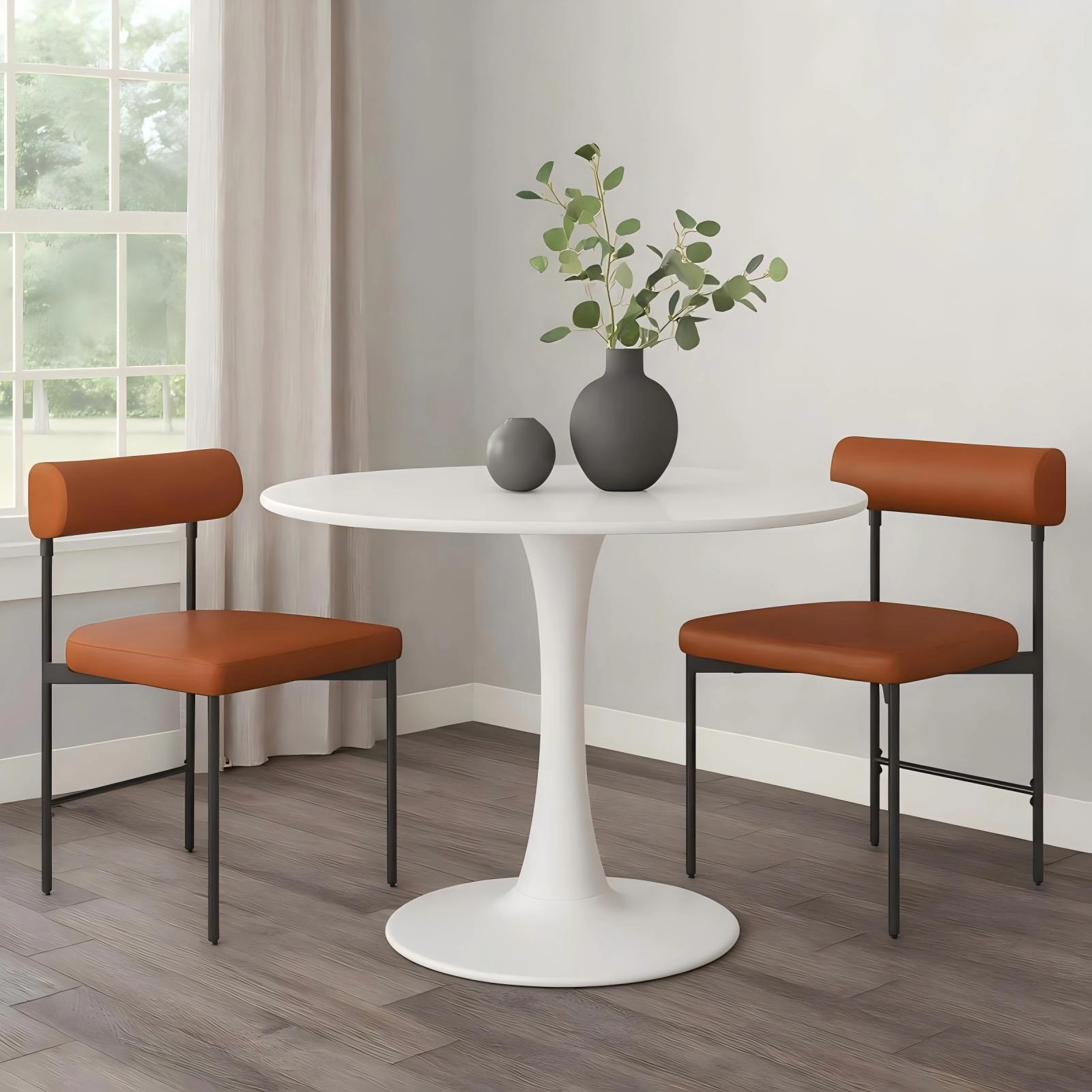 SUGIFT Set of 2 400-lb Capacity Brown Faux Leather Dining Chairs with U-Shaped Seat and Powder Coated Metal Legs