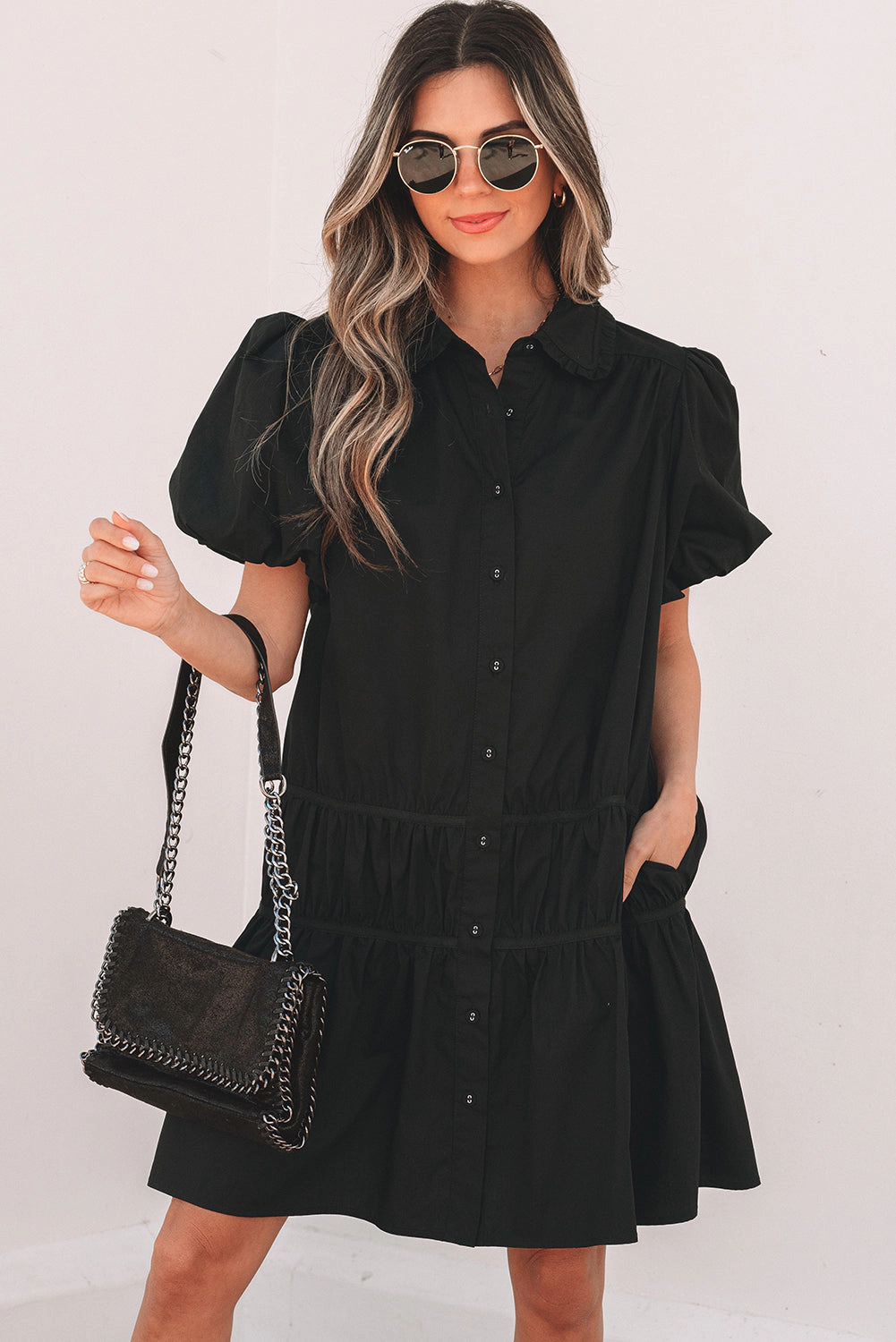 Threaded Pear Women's Cassidy Button Down Puff Sleeve Ruffle Hem Dress