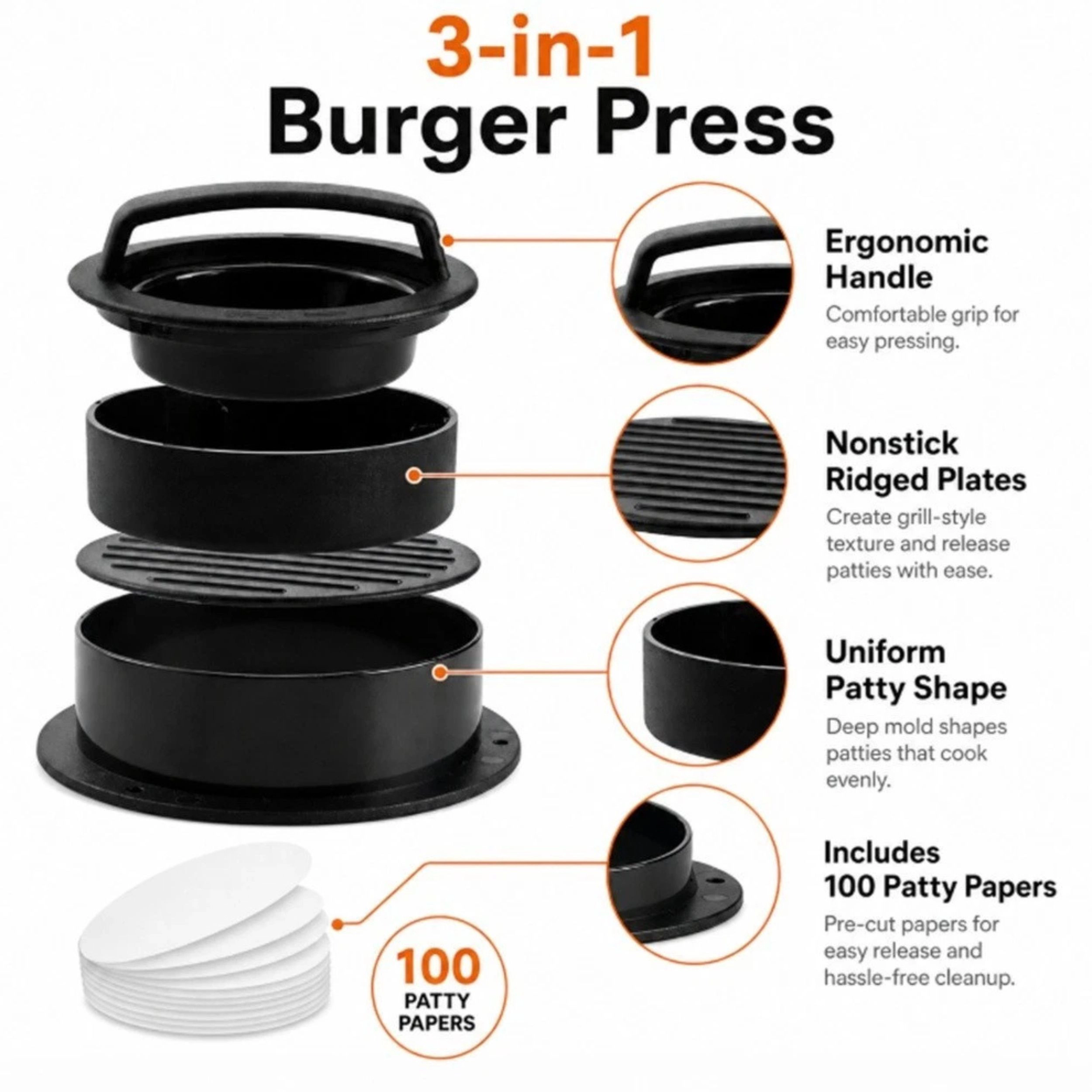 Home Collection 3-in-1 Burger Press Patty Maker Kit with 100 Wax Paper Sheets