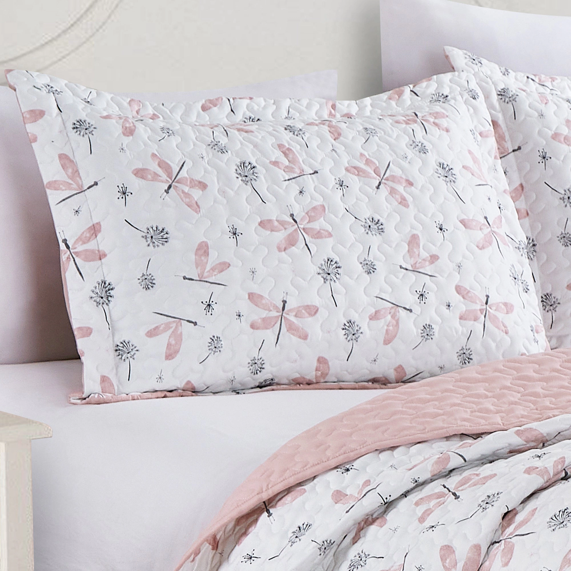 MarCielo 2/3 Piece Kids Dragonfly Dandelion Reversible Quilt Set – Floral Bedspread